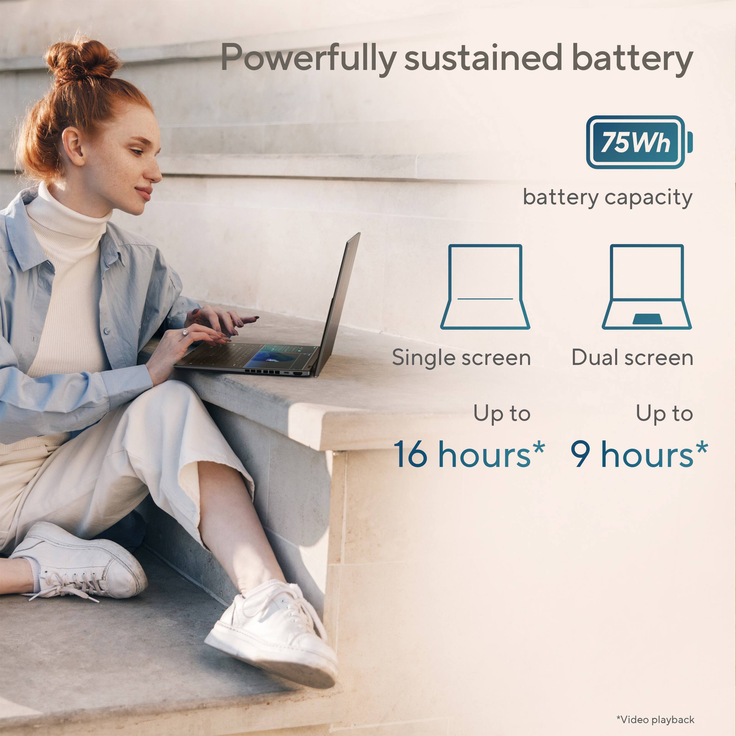 Powerfully sustained battery 75Wh battery capacity Single screen Dual screen Up to 16 hours Up to 9 hours