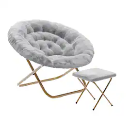 Emma + Oliver - Ersa Oversize Folding Saucer Moon Chair and Ottoman for Dorm and Bedroom with Steel Frames - Gray Fabric/Soft Gold Frame