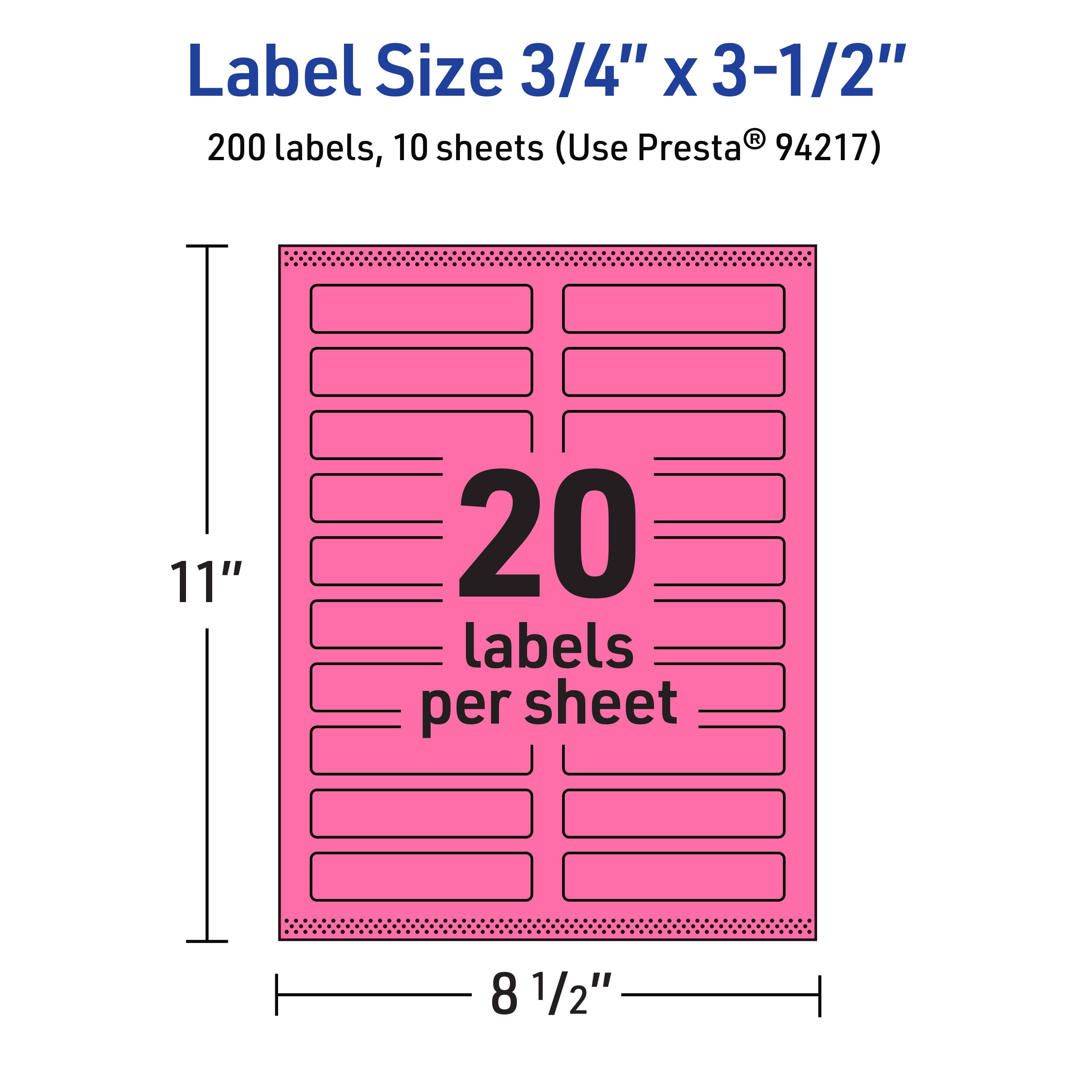 Label Size 3/4" x 3-1/2"  
200 labels, 10 sheets (Use Presta® 94217)  
20 labels per sheet  
11" x 8 1/2"