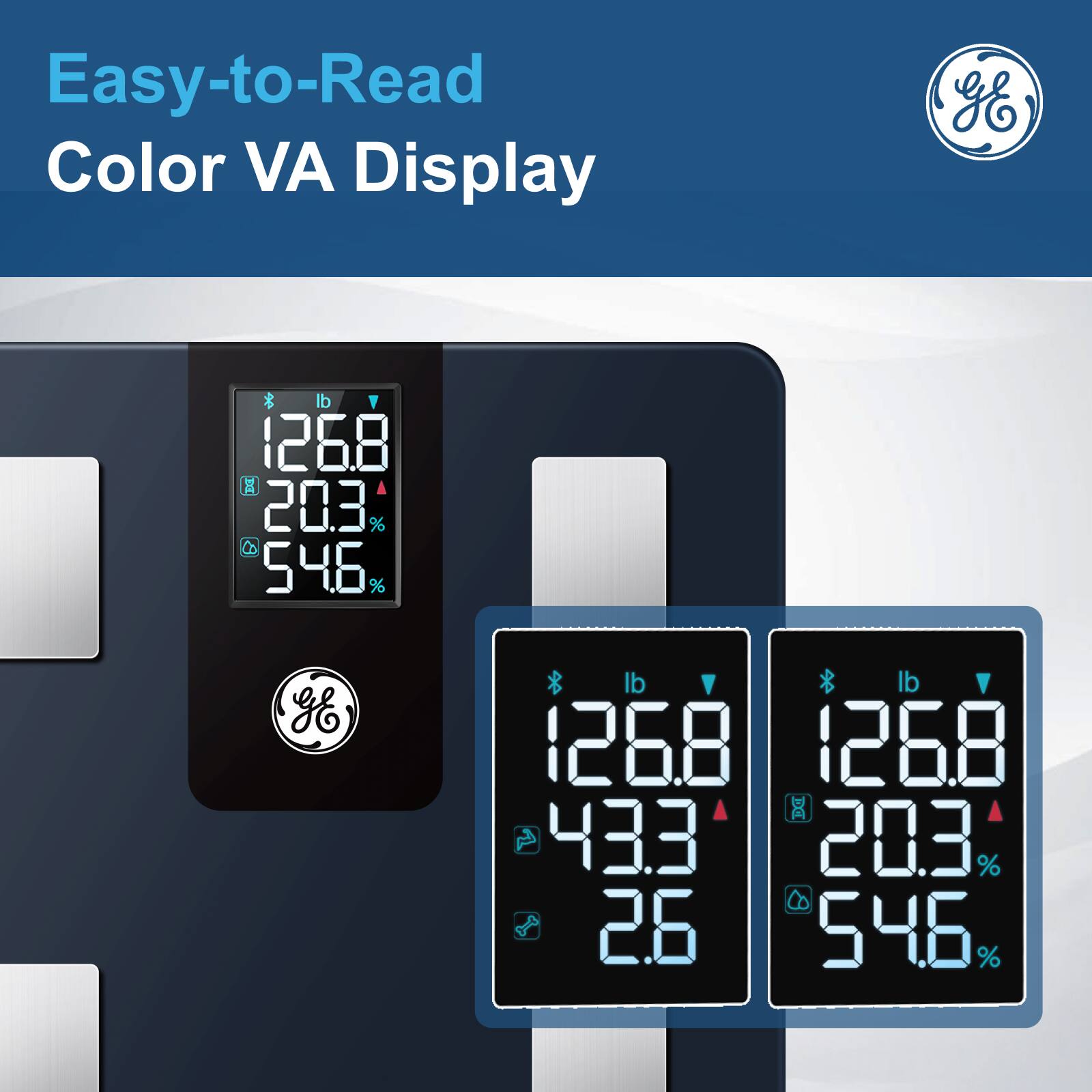Easy-to-Read Color VA Display

126.8 lb  
20.3%  
54.6%

126.8 lb  
43.3  
2.6  
20.3%  
54.6%