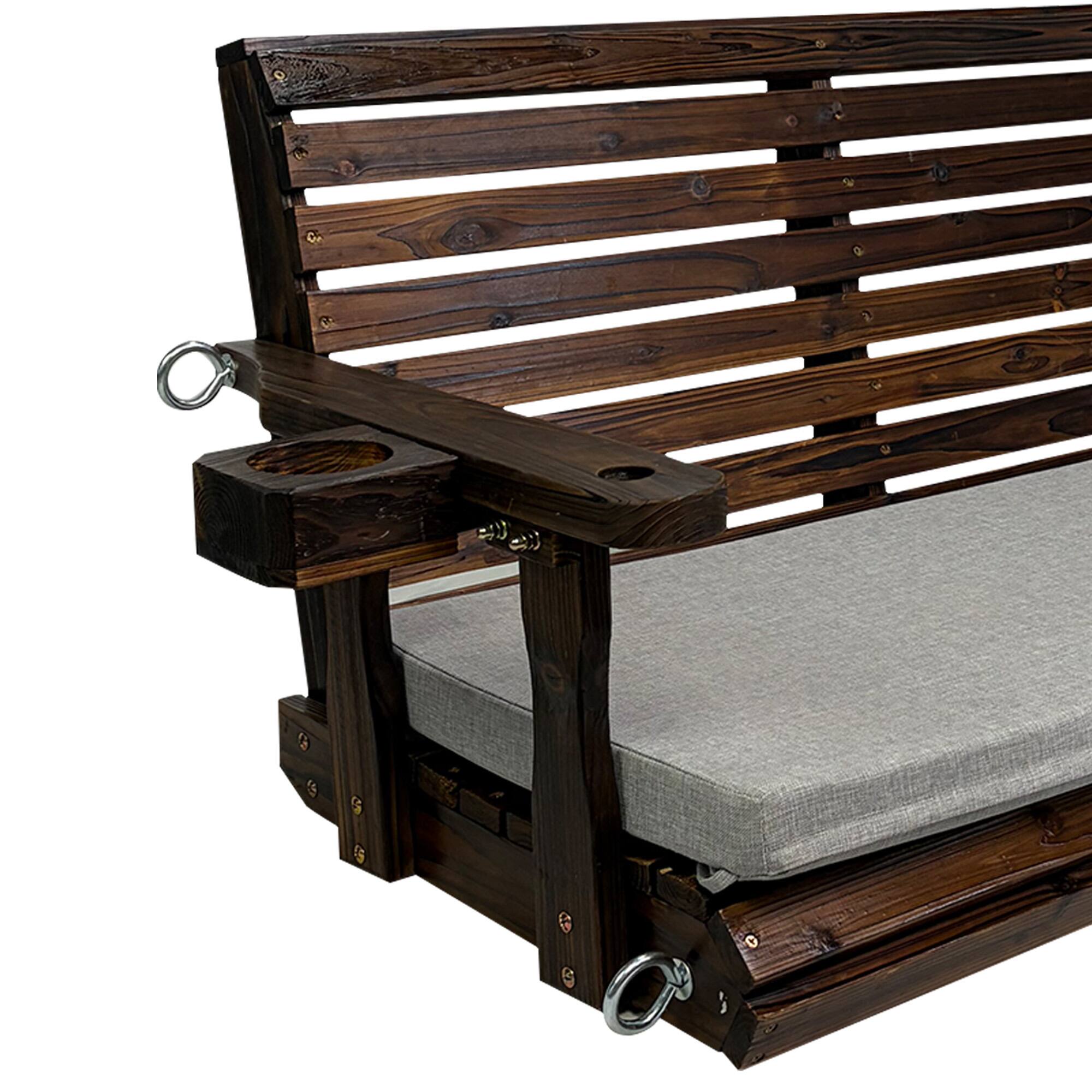 Alt View 3. Fortune Candy - Outdoor Wooden Porch Swing, 5 FT Patio Hanging Bench with Cushion, Heavy Duty 880 LBS, Weather-Resistant for Backyard - Deep Brown.