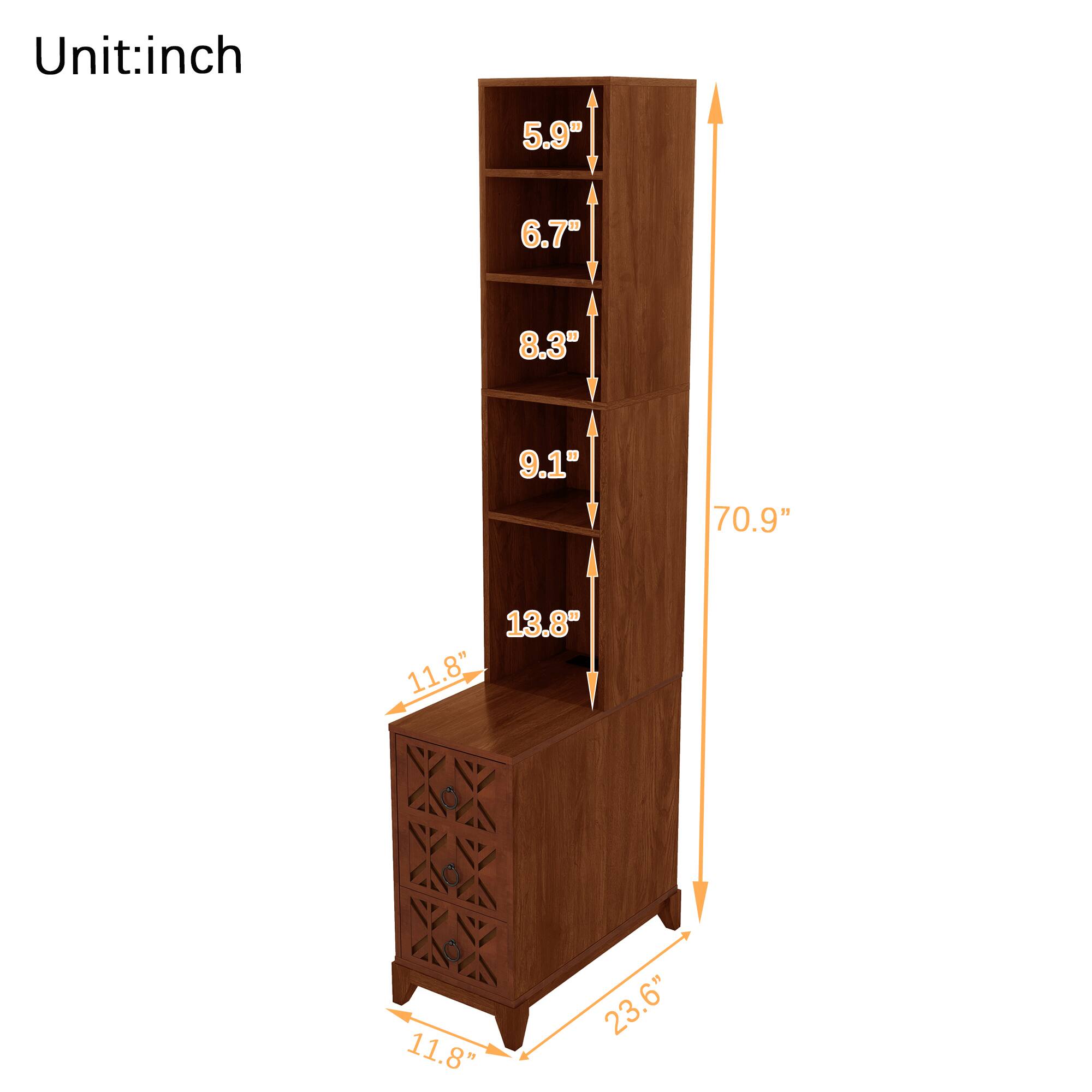 Unit: inch

- Height: 70.9"
- Width: 23.6"
- Depth: 11.8"

Shelf Heights:
- 5.9"
- 6.7"
- 8.3"
- 9.1"
- 13.8"

Drawer Height: 11.8"