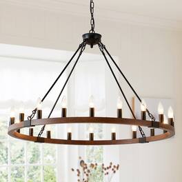 Loheer - Wood Wagon Wheel Chandelier Matte Black Farmhouse Pendant Light for Dining Room