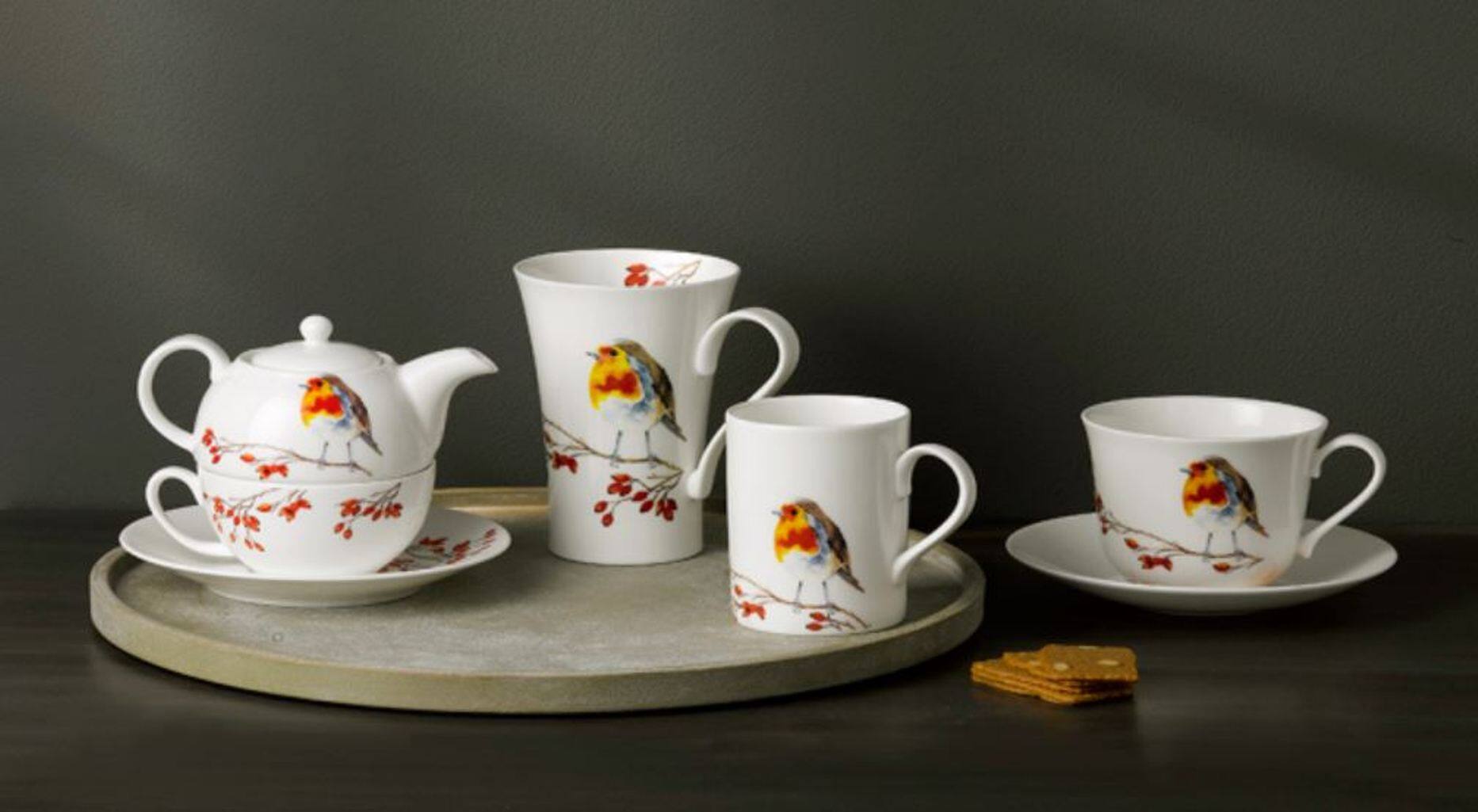 Left. Jiallo - Roy Kirkham Lyric Mug - Birds Set of 6, Bone China Ceramic Made in England - Mutli color.