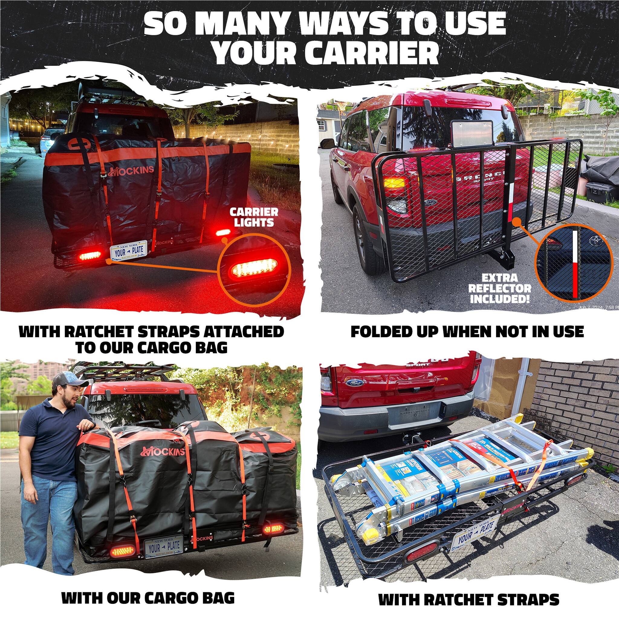 So many ways to use your carrier! Mockins carrier lights - your plate extra reflector included! With ratchet straps attached to our cargo bag folded up when not in use. Mockins 1 - 00 your plate boxng DERRT RR-RE with our cargo bag with ratchet straps