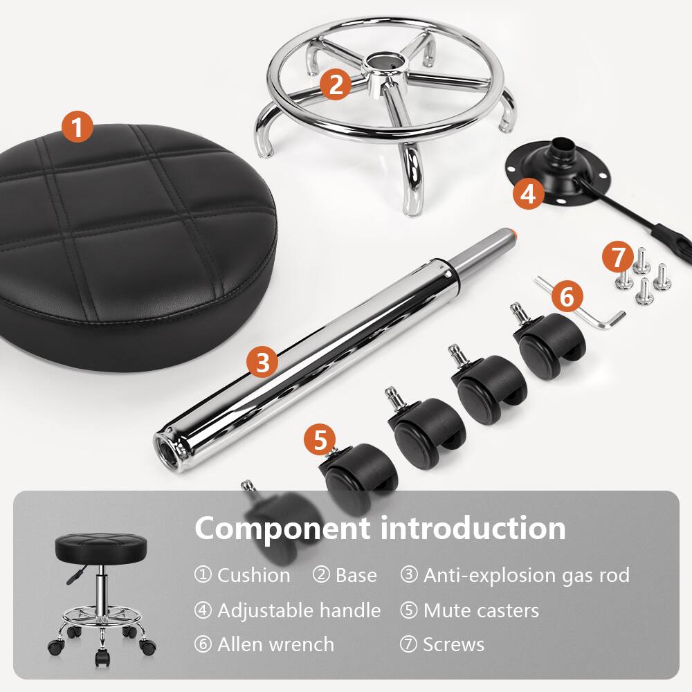 Component introduction

1. Cushion
2. Base
3. Anti-explosion gas rod
4. Adjustable handle
5. Mute casters
6. Allen wrench
7. Screws