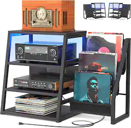 Aheaplus - 4-Tier Media Stand with Vinyl Storage, Power Outlets & LED Lights - Black