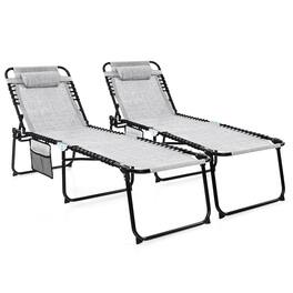 Gymax - 2 PCS Folding Chaise Lounge Portable Lay Flat Reclining Chair w/ 4-Level Backrest Side Pocket - Gray