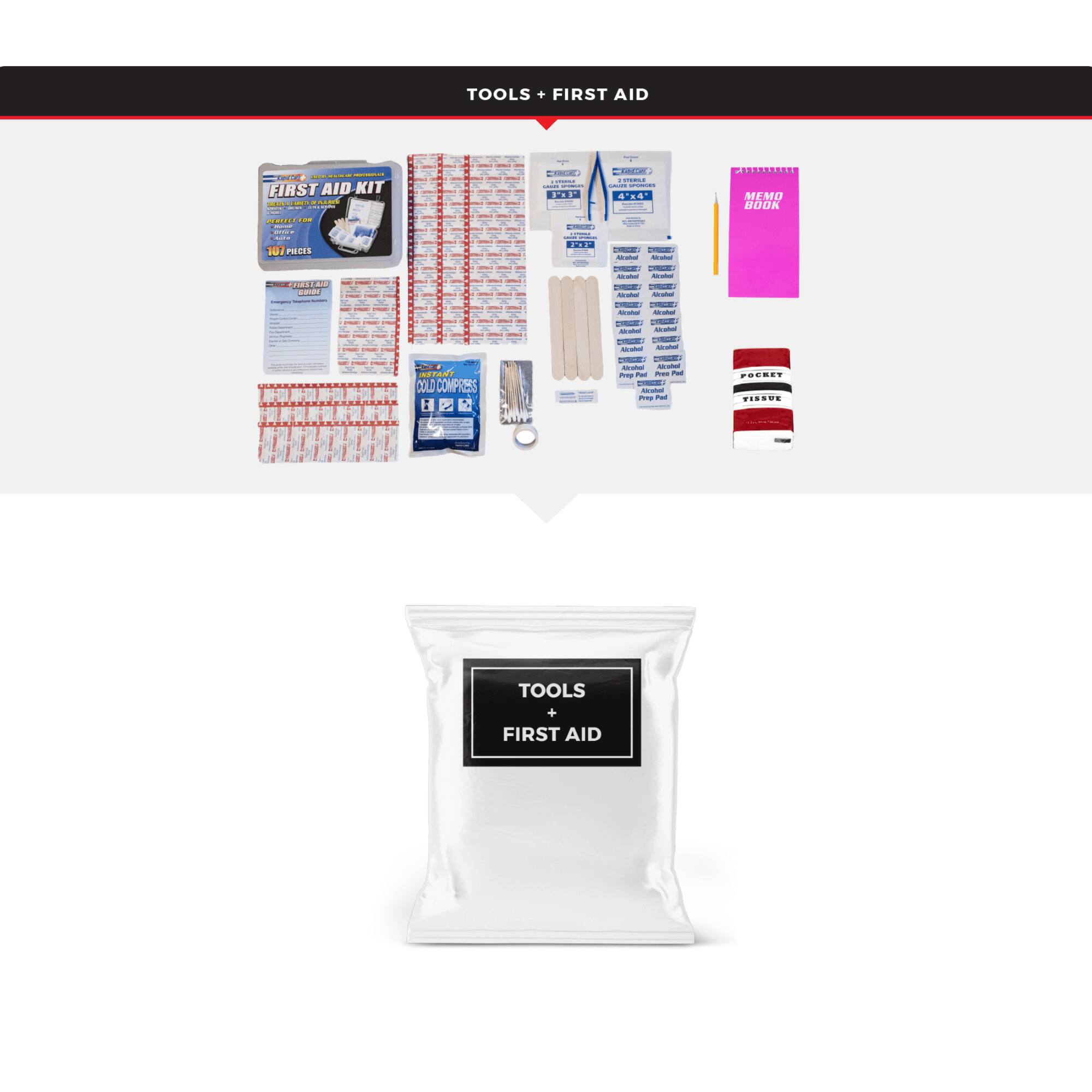 TOOLS + FIRST AID:  
- FIRST AID KIT  
- 107 PIECES  
- COLD COMPRESS  
- MEMO BOOK  
- POCKET TISSUE