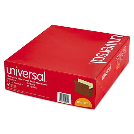 Universal
File Pockets with Tyvek® Reinforced Sides
Letter size
5-1/2 in. expansion
Redrope
10 per box
UNV15262
Made in the USA
©2016 Universal Products Co.
100 Deerfield, IL 60015 USA
Assembled in Mexico
"Got a lot to hold on to?
Hold it with Universal."