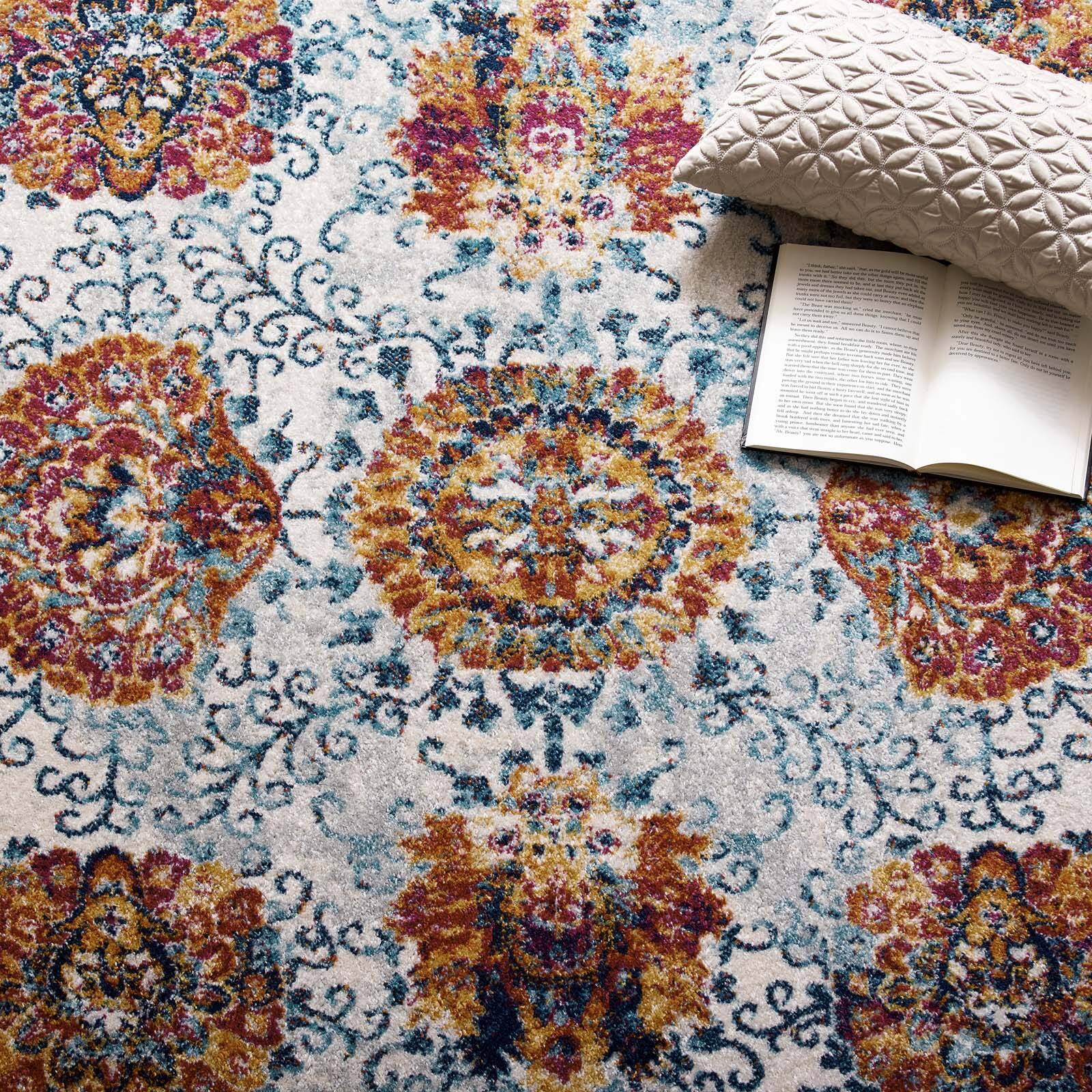 Left. Modway - Entourage Kensie Distressed Floral Moroccan Trellis Area Rug - Ivory Blue Red Orange Yellow.