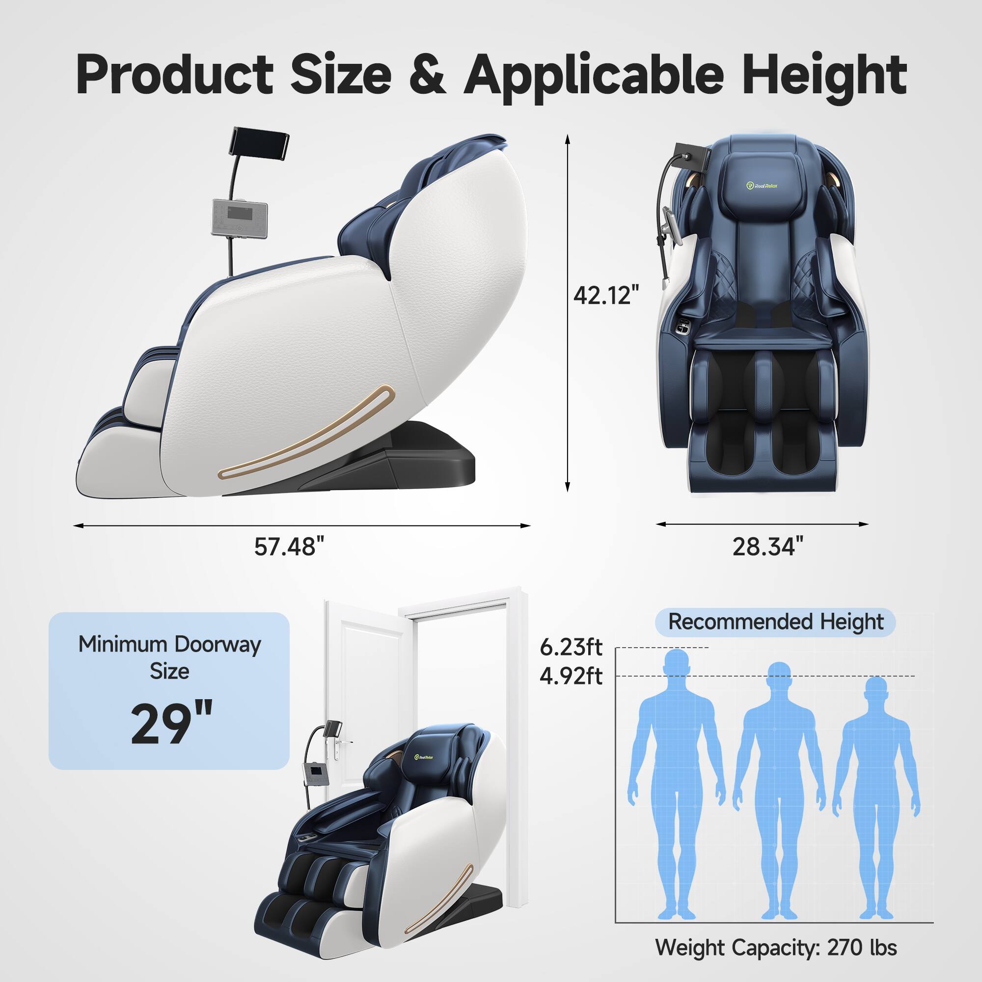 Product Size & Applicable Height

- Width: 57.48"
- Depth: 28.34"
- Height: 42.12"

Minimum Doorway Size: 29"

Recommended Height: 4.92ft - 6.23ft

Weight Capacity: 270 lbs