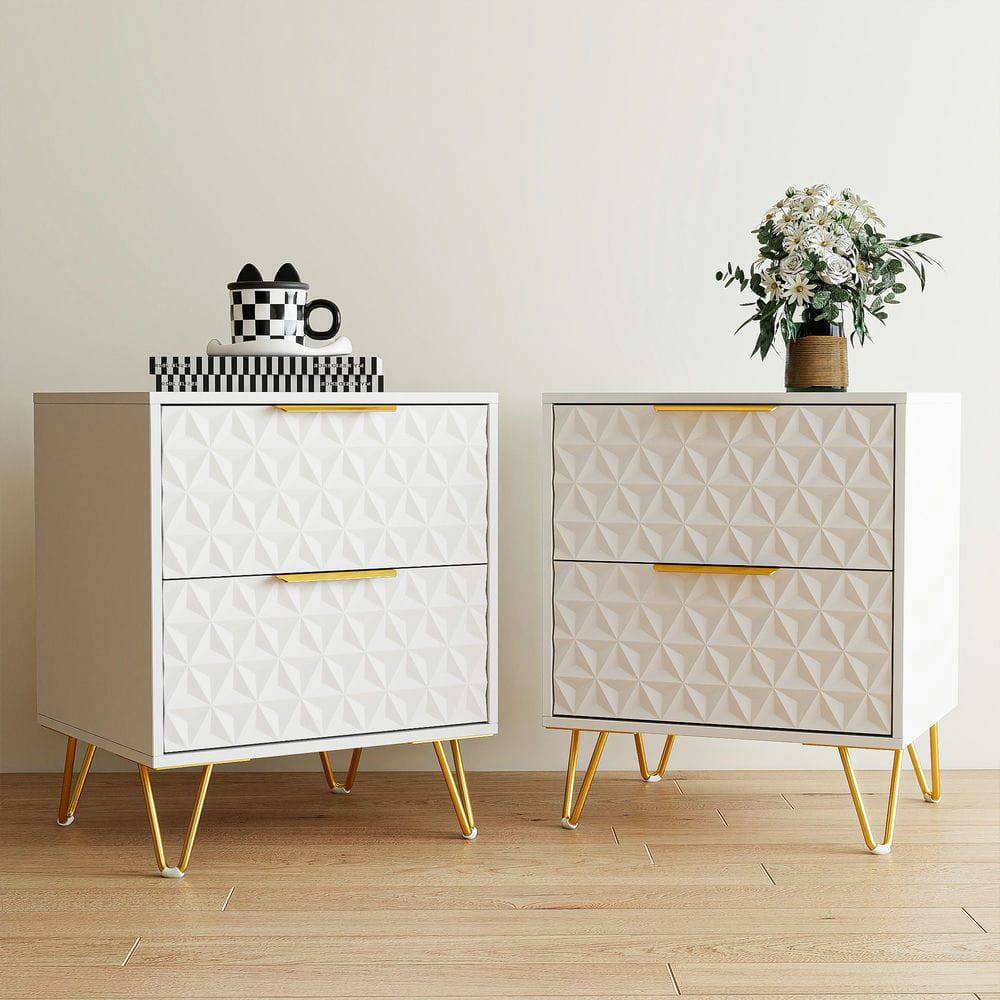 Alt View 5. Kadyn - 2-Piece Diamond Pattern Nightstand Set with Gold Handles and Hairpin Legs - White - White.