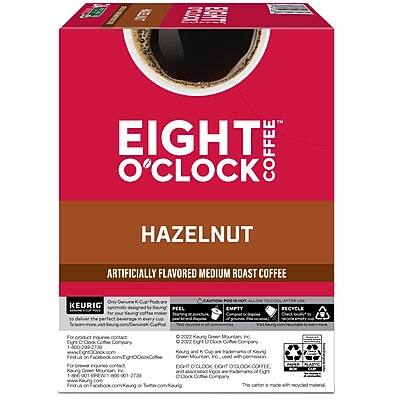 EIGHT O'CLOCK COFFEE  
HAZELNUT  
ARTIFICIALLY FLAVORED MEDIUM ROAST COFFEE  

KEURIG  
Perfectly designed for your Keurig® coffee maker.  

For product information:  
EIGHT O'CLOCK COFFEE COMPANY  
1-800-222-8888  
www.eightoclockcoffee.com  
eightoclockcoffee.com  
eightoclockcoffee.com/buy  
eightoclockcoffee.com/locations  

Green Mountain Coffee Roasters, Inc.  
1000 Green Mountain Drive, Waterbury, VT 05604  
©2002 Green Mountain Coffee Roasters, Inc.  
©2002 Eight O'Clock Coffee Company  

This carton is made with recycled material.  

RECYCLE