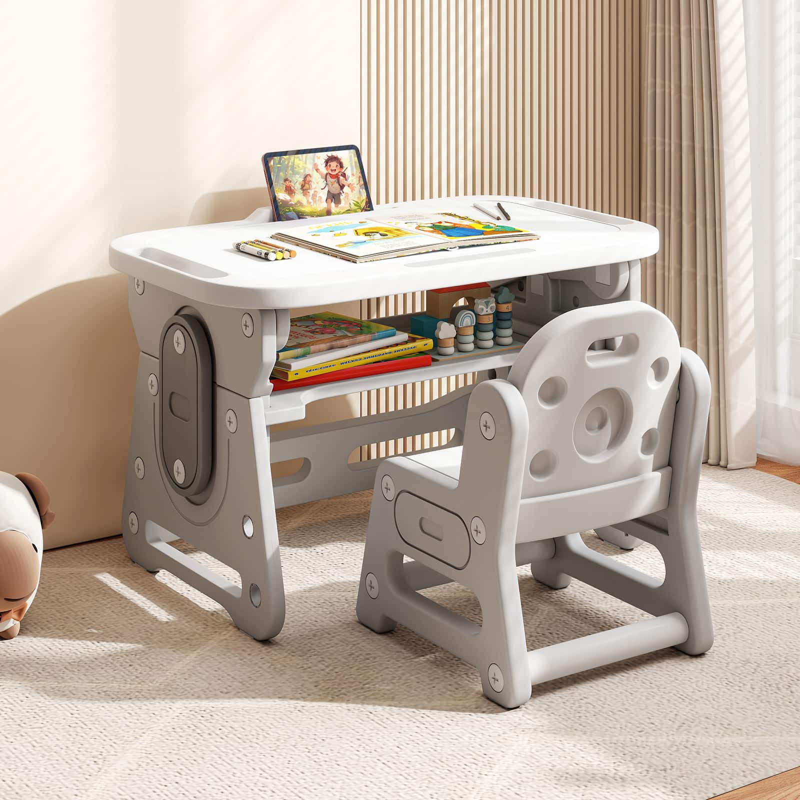 Gymax - Kids Table & Chair Set Height Adjustable Toddler Drawing Table w/ Book Stand - Gray