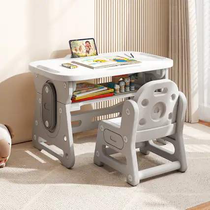 Front. Gymax - Gymax Kids Table & Chair Set Height Adjustable Toddler Drawing Table w/ Book Stand - Gray.