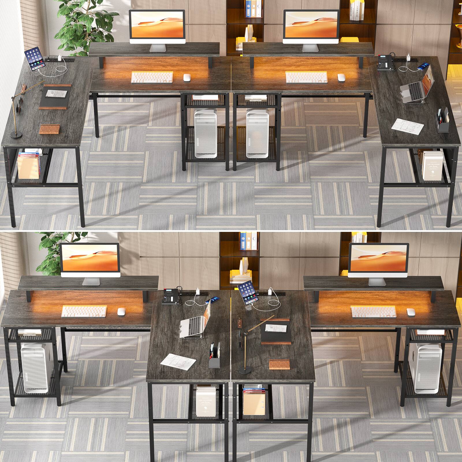 Back. Aheaplus - 55.5'' Reversible L-Shaped Computer Desk with Power Outlets and LED Lights, Gaming Table with CPU Stand & Monitor Stand - Gray Oak.