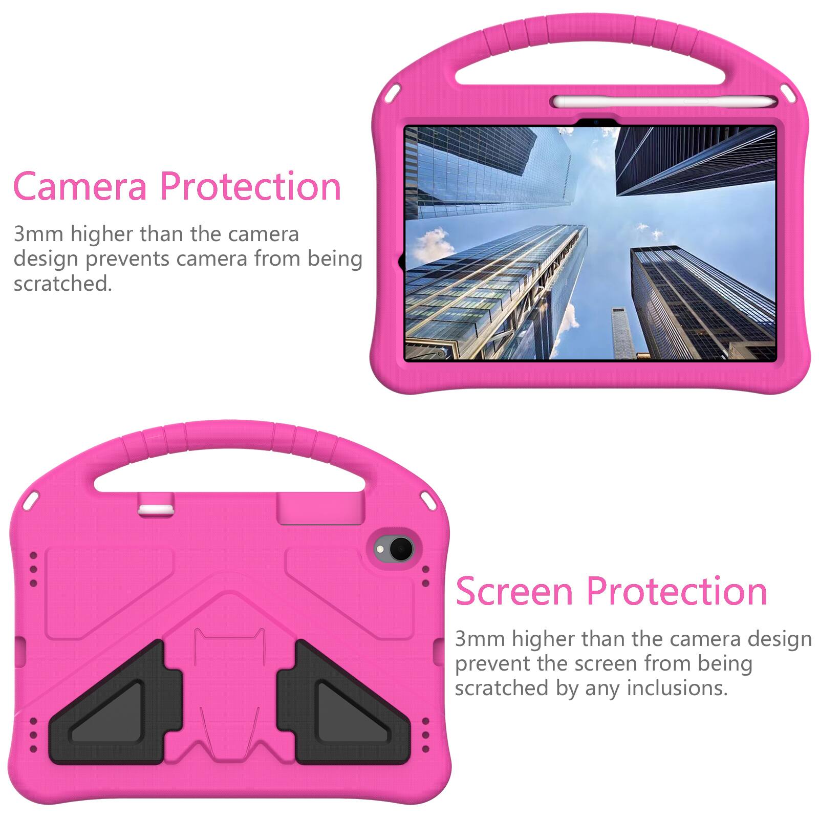 Camera Protection  
3mm higher than the camera design prevents camera from being scratched.  

Screen Protection  
3mm higher than the camera design prevent the screen from being scratched by any inclusions.