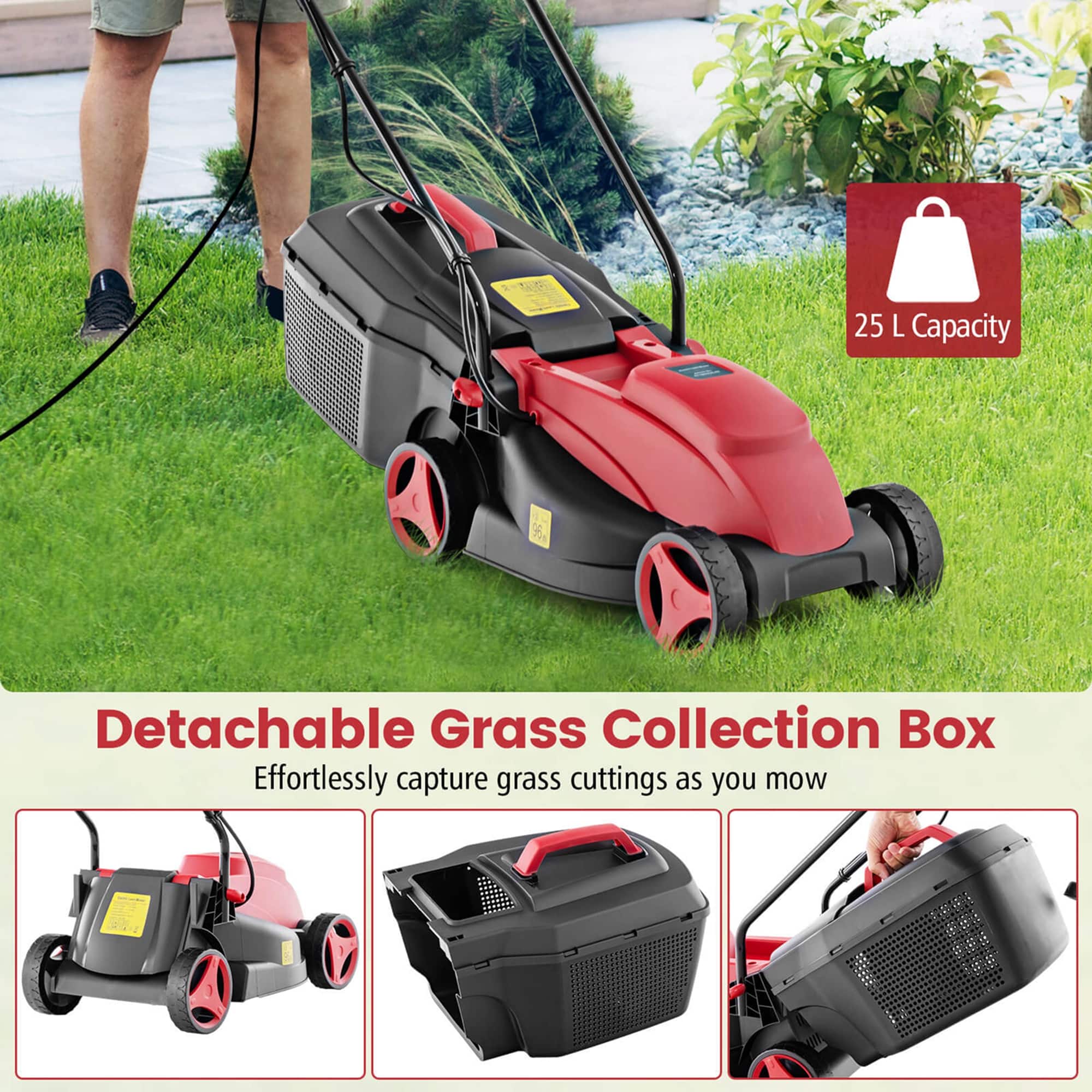 The text on the image is grouped as follows:
25 L Capacity Detachable Grass Collection Box Effortlessly capture grass cuttings as you mow