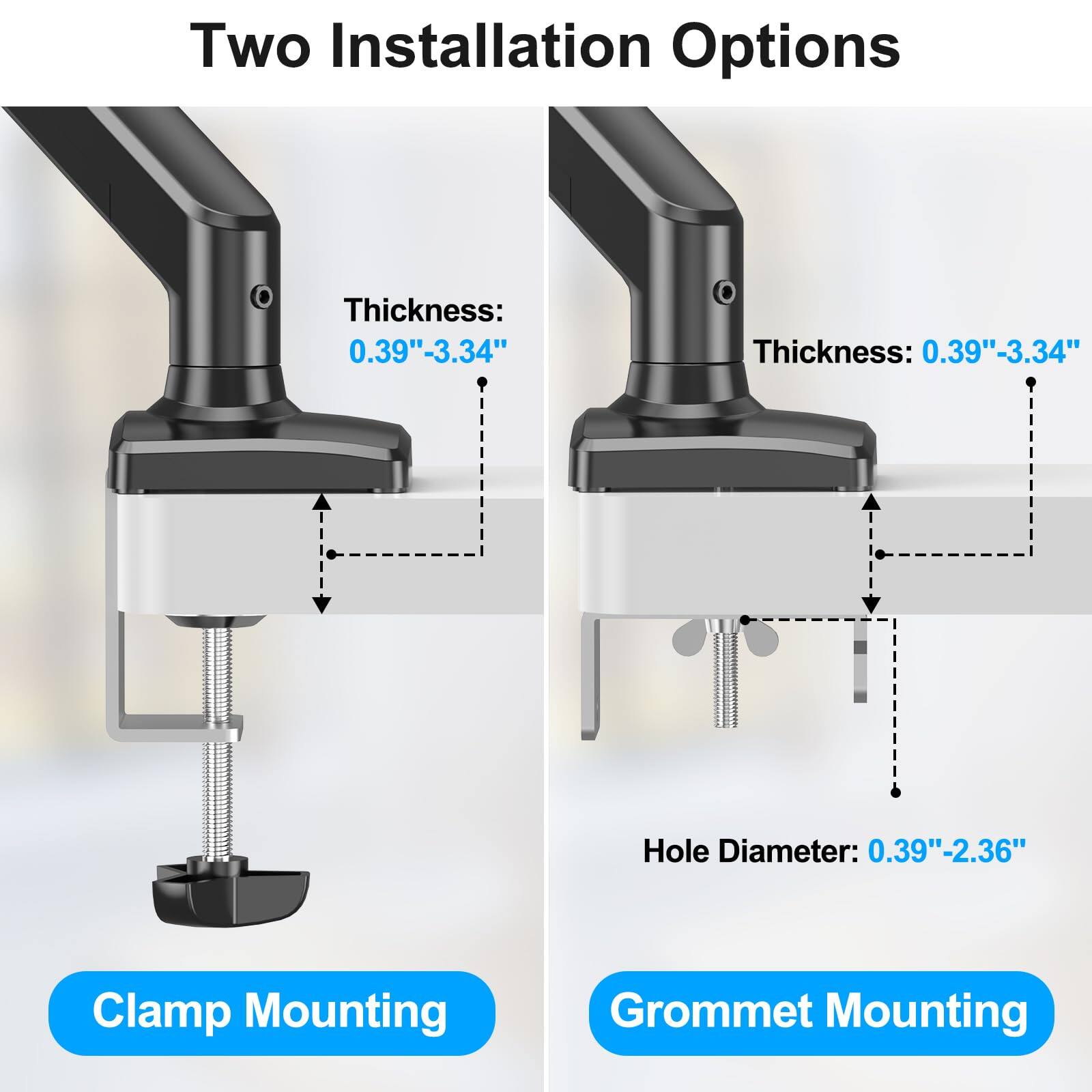 Two Installation Options

Clamp Mounting  
Thickness: 0.39"-3.34"

Grommet Mounting  
Thickness: 0.39"-3.34"  
Hole Diameter: 0.39"-2.36"