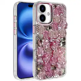 Kitcheniva - 3D Rose Bling Case With Tempered Glass For iPhone 17 - Pink