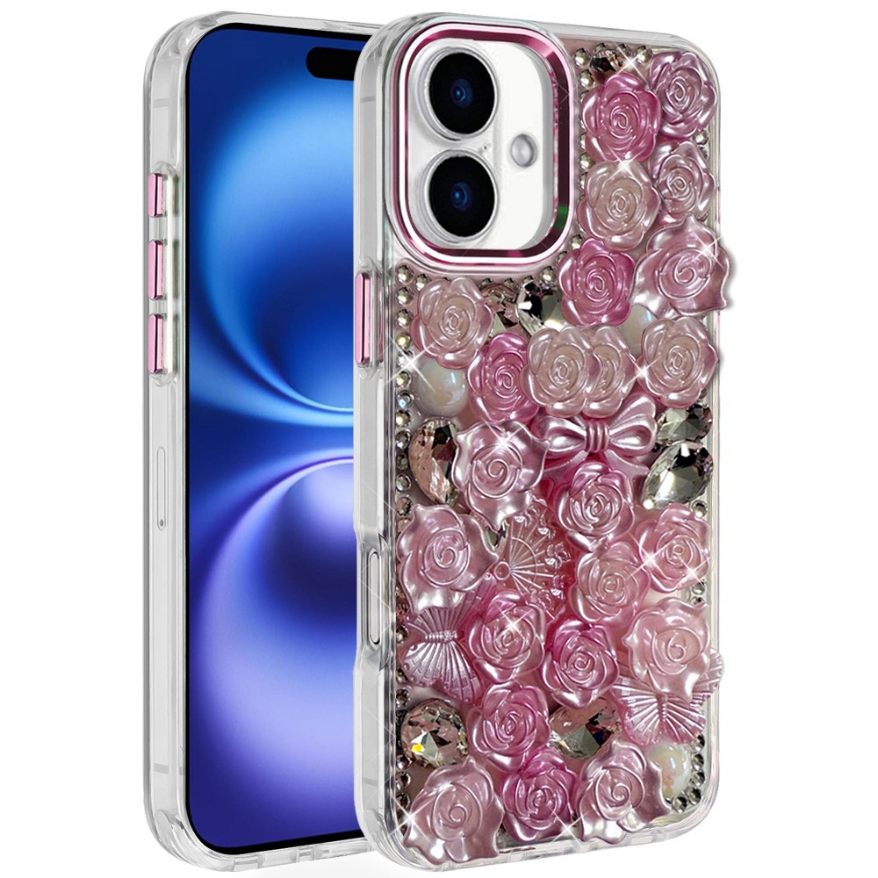 Kitcheniva - 3D Rose Bling Case With Tempered Glass For iPhone 17 - Pink