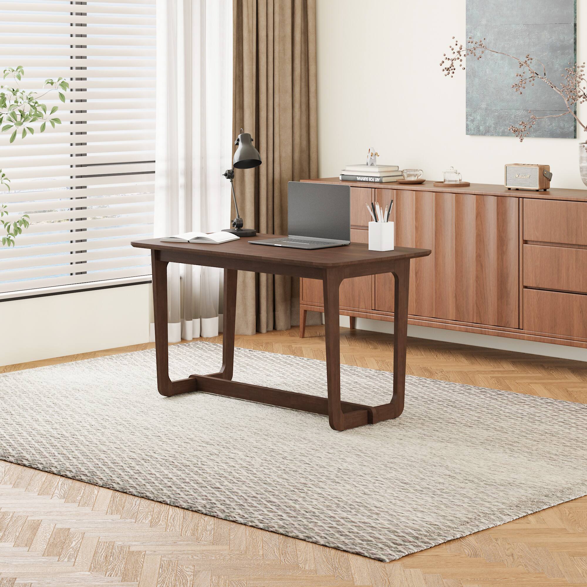 Famapy - Solid Wood Writing Desk, Rubberwood Computer Desk with Wide Desktop and Safe Round Corners, Study Table for Home Office - Brown - Thumbnail 2