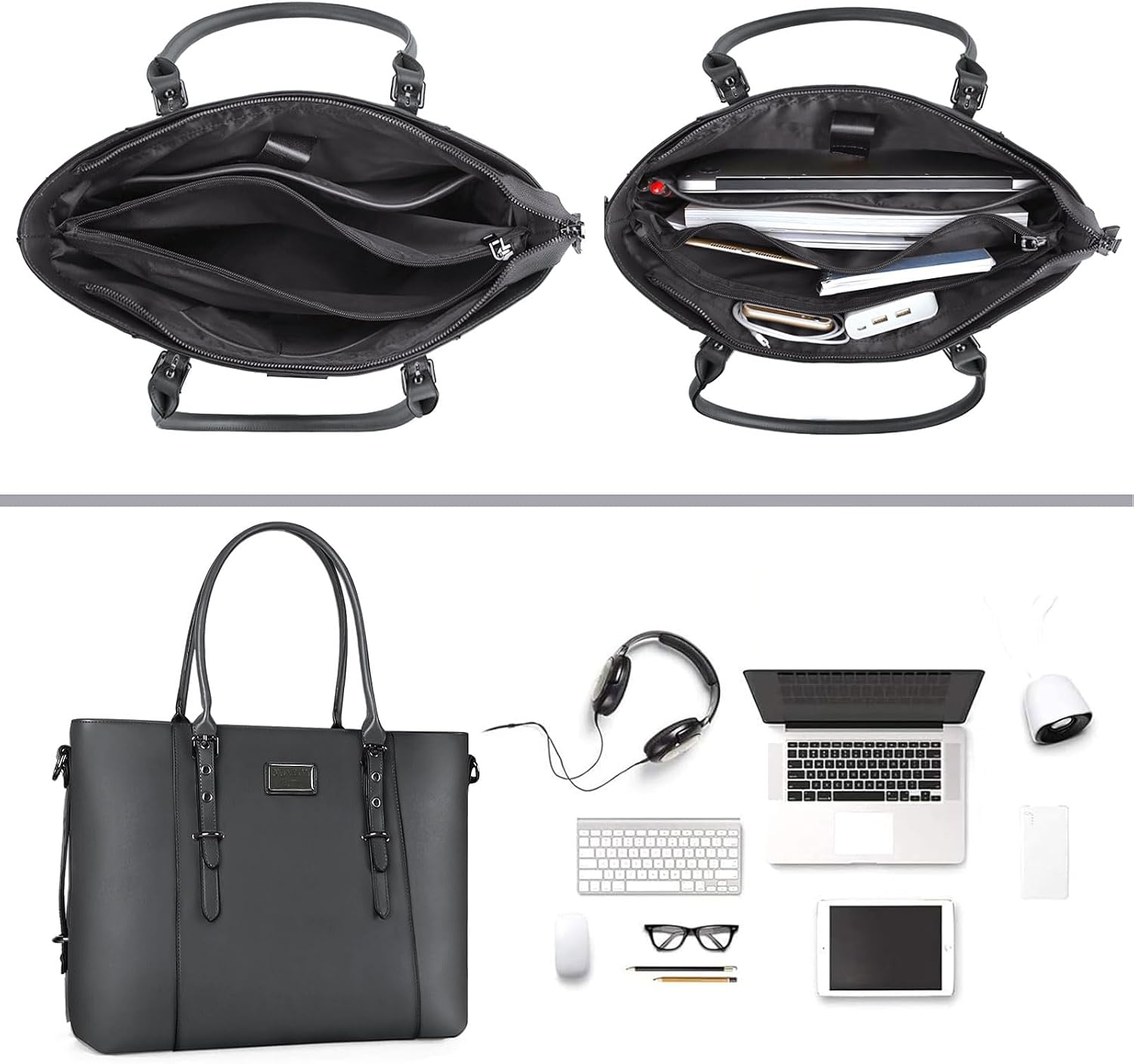 Left. mosiso - Waterproof PU Leather Laptop Bag for Women 13.3 Inch, Vintage Briefcase Tote Shoulder Computer Bag for Work & Office - Gray.