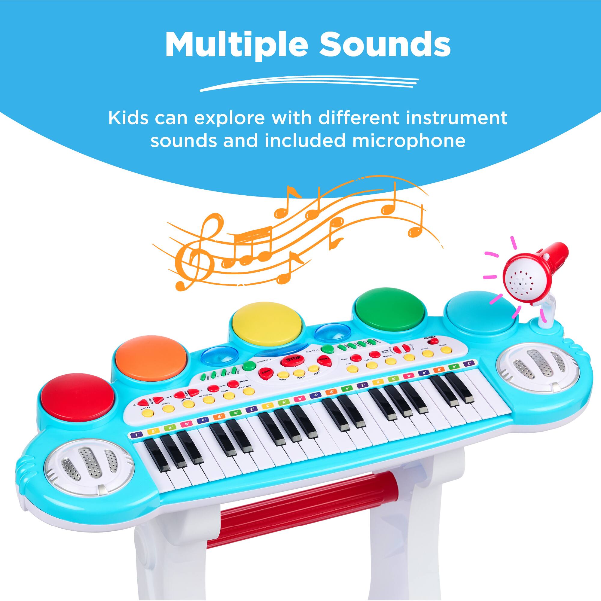 Multiple Sounds

Kids can explore with different instrument sounds and included microphone