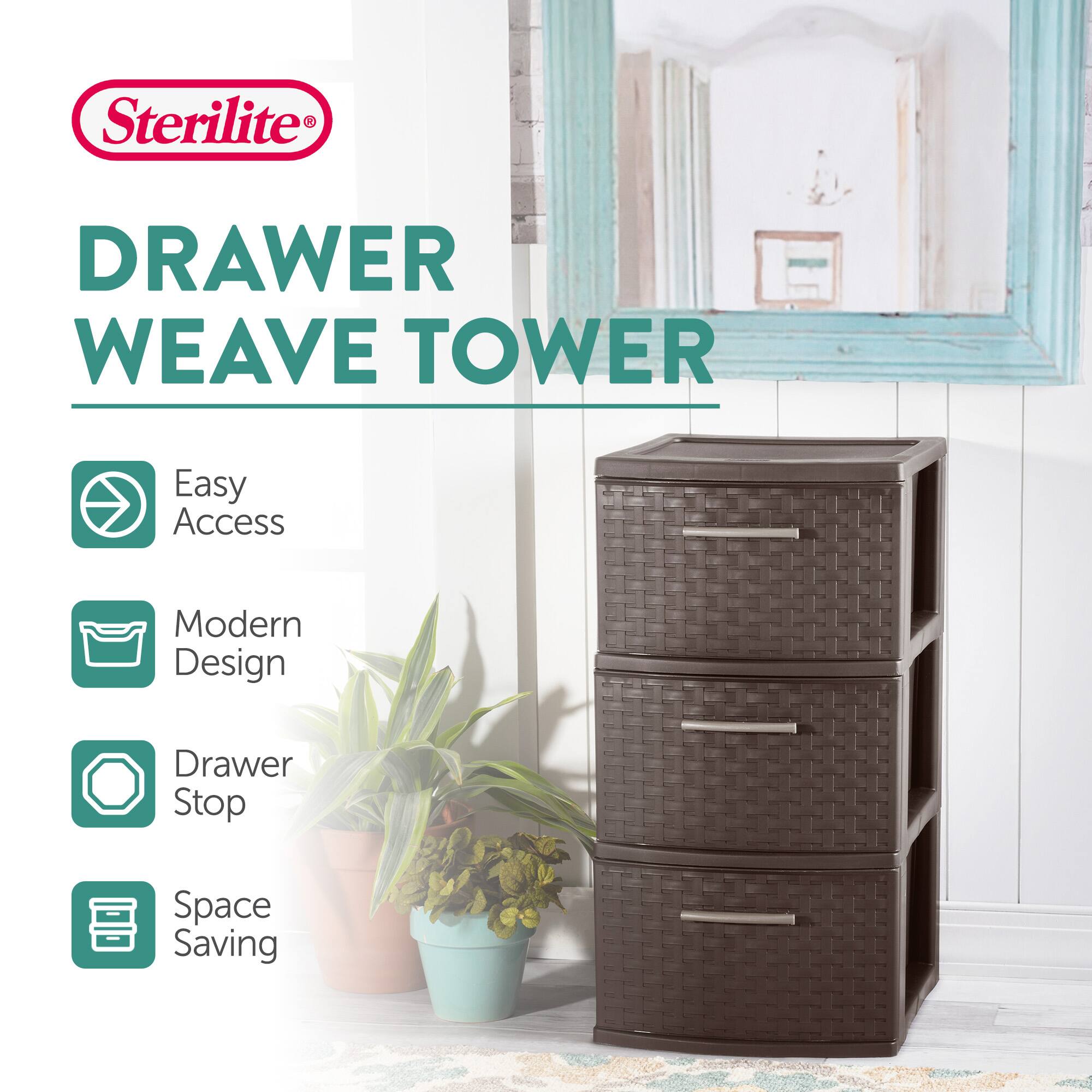 Sterilite®  
DRAWER WEAVE TOWER  

- Easy Access  
- Modern Design  
- Drawer Stop  
- Space Saving