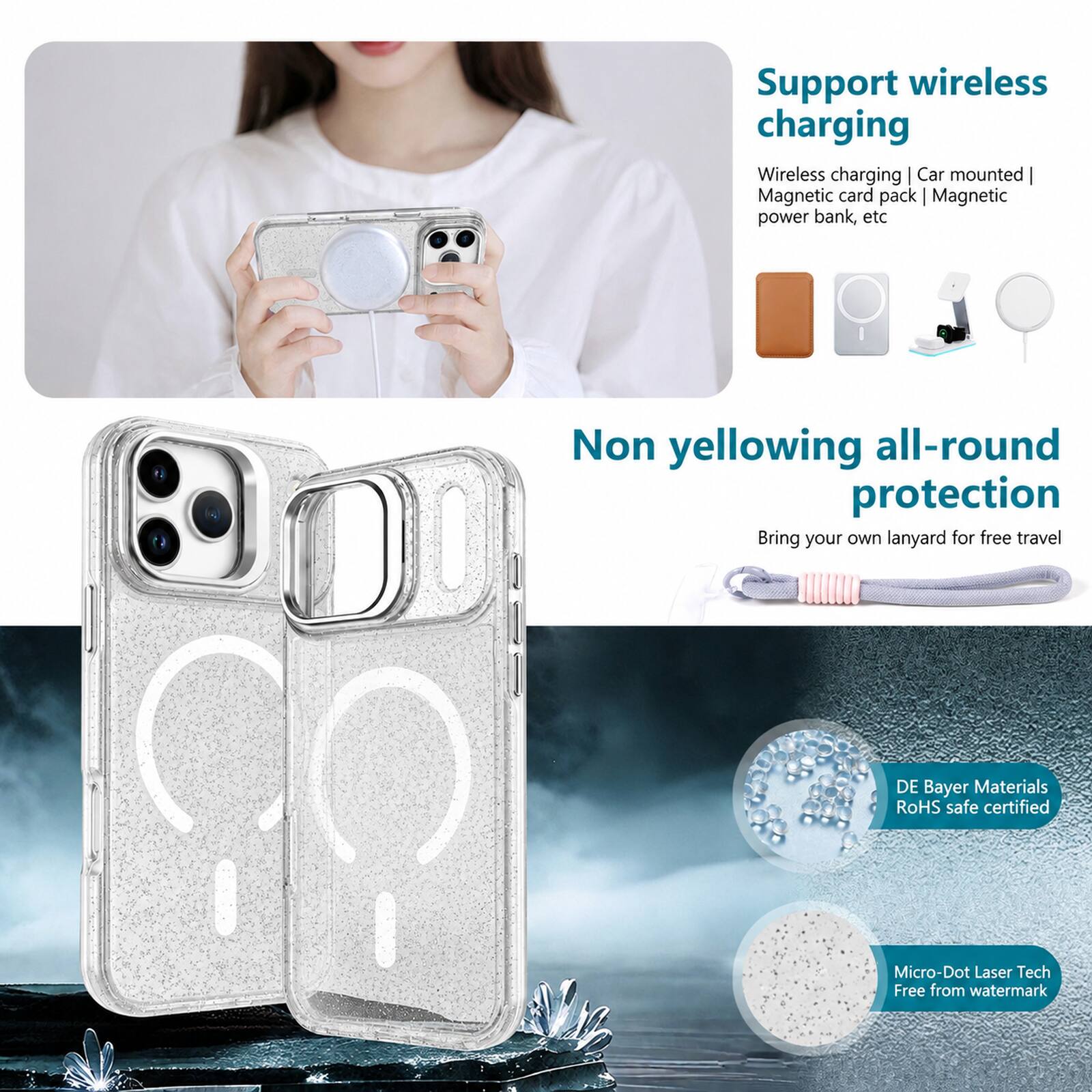 Support wireless charging  
Wireless charging | Car mounted | Magnetic card pack | Magnetic power bank, etc  

Non yellowing all-round protection  
Bring your own lanyard for free travel  

DE Bayer Materials RoHS safe certified  

Micro-Dot Laser Tech  
Free from watermark