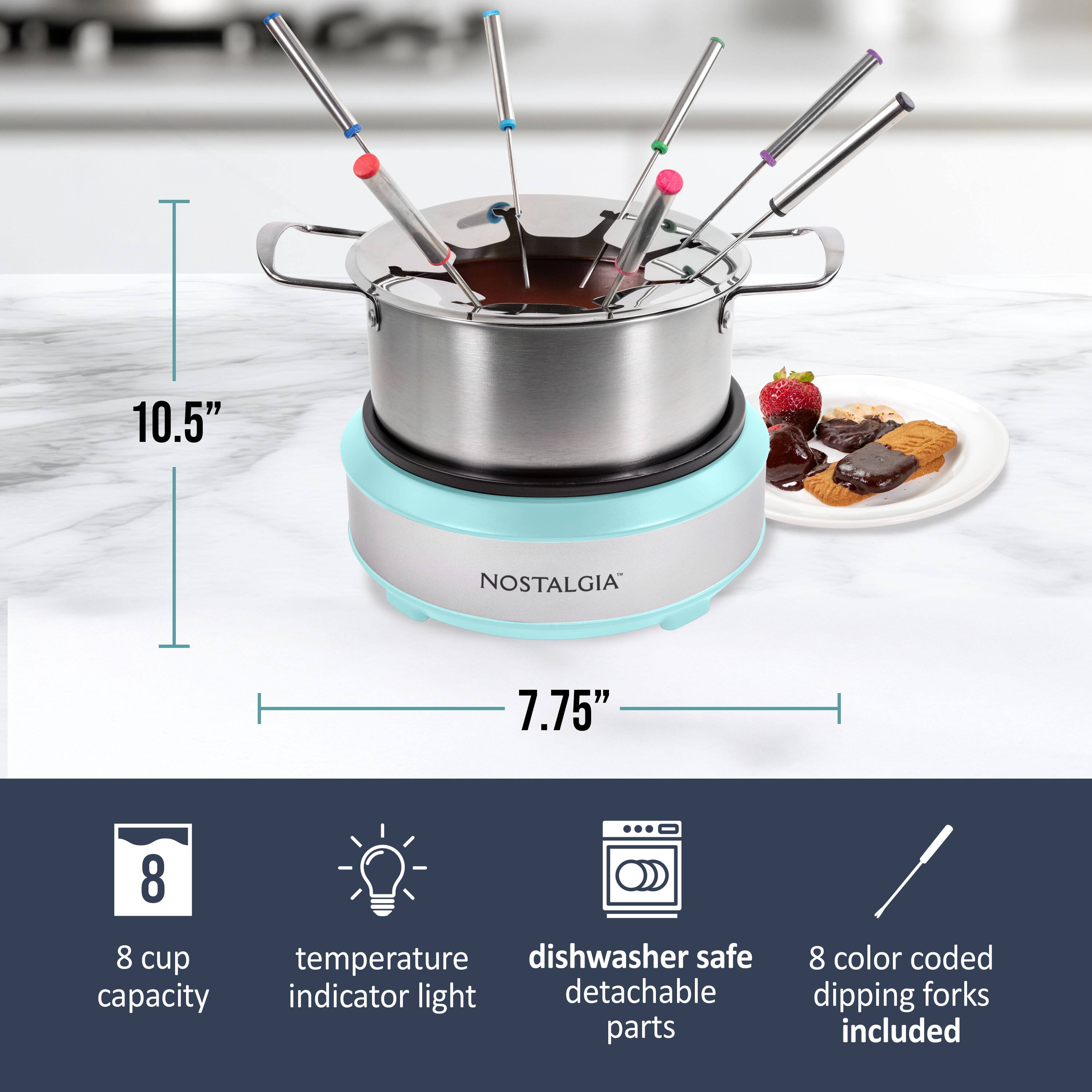 10.5" NOSTALGIA 7.75" 8 cup temperature indicator light dishwasher safe detachable parts 8 color coded dipping forks included