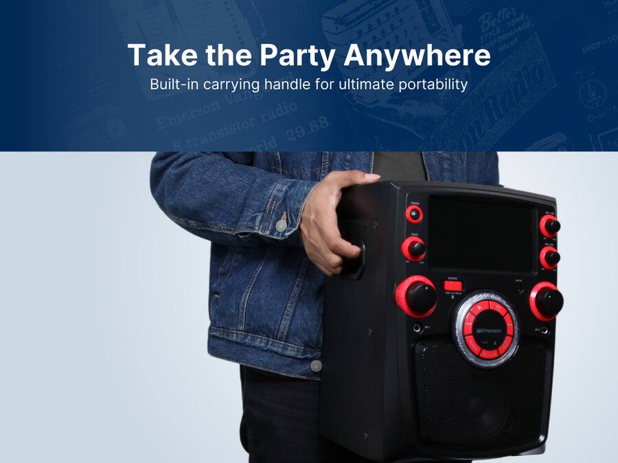 Take the Party Anywhere
Built-in carrying handle for ultimate portability
Better Radio Style
SHOP-LO
Emerson radio
Over 15 8-transistor
29.88