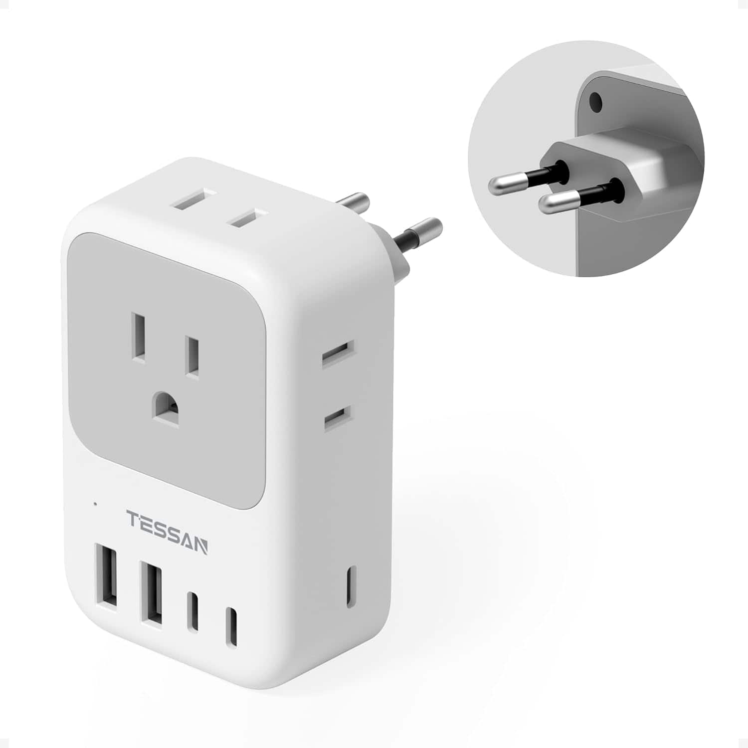 TESSAN - 28W,US to Europe Plug Adapter with 4 Outlets 5 USB Ports (3 USB C) - Grey white