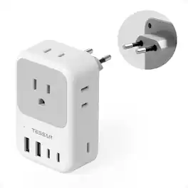 TESSAN - 28W,US to Europe Plug Adapter with 4 Outlets 5 USB Ports (3 USB C) - Grey white