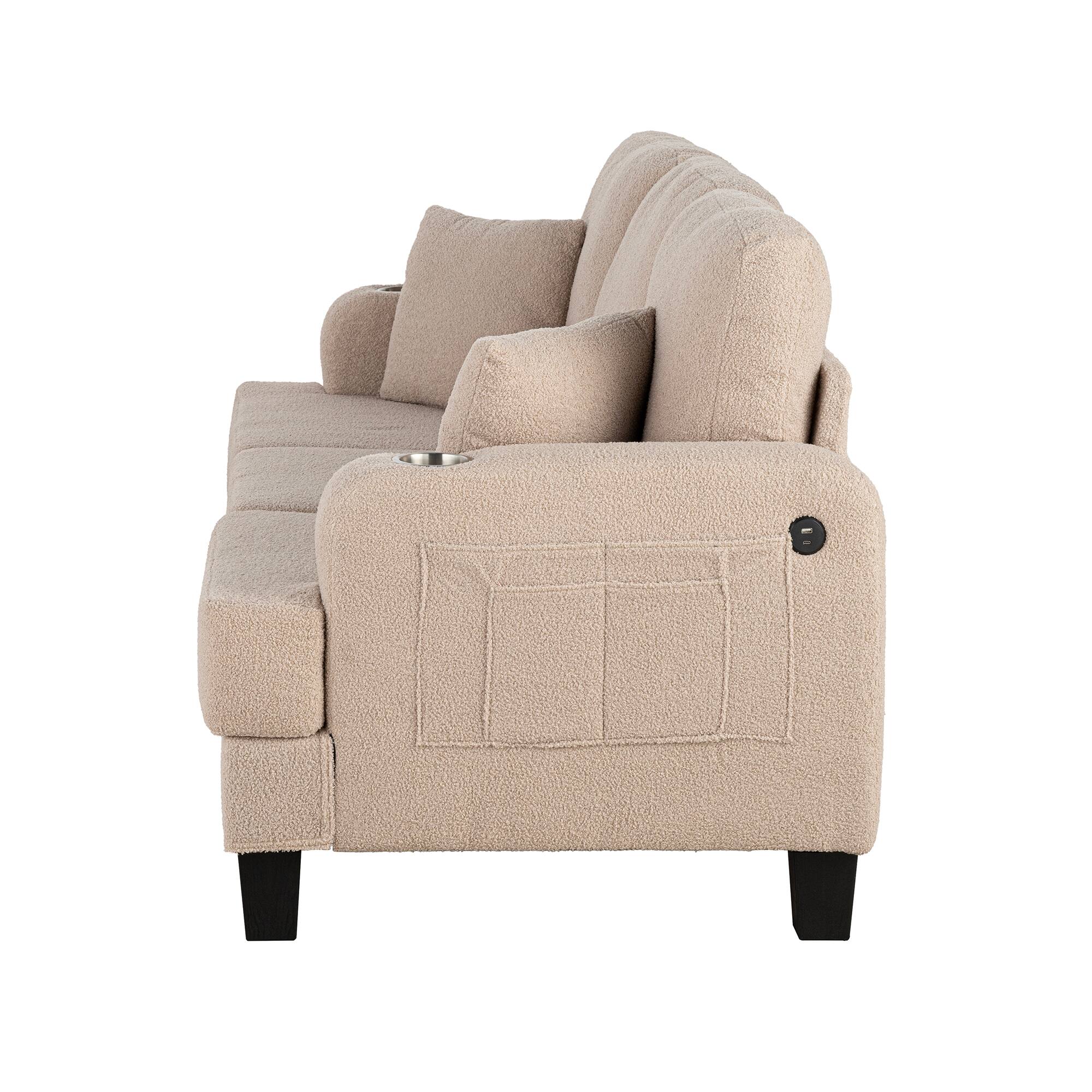 Alt View 2. Vaczon - 3-Seater Reclining Sofa with USB Port and Dual Cup Holders, Comfortable Fabric Couch for Living Room and Home Theater - Beige.