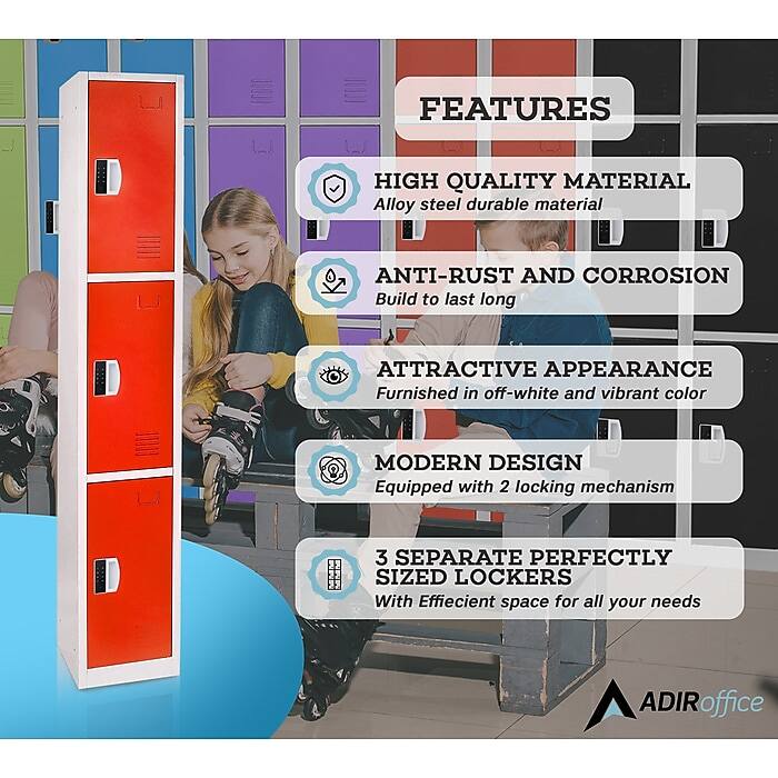 FEATURES

HIGH QUALITY MATERIAL
Alloy steel durable material

ANTI-RUST AND CORROSION
Build to last long

ATTRACTIVE APPEARANCE
Furnished in off-white and vibrant color

MODERN DESIGN
Equipped with 2 locking mechanism

3 SEPARATE PERFECTLY SIZED LOCKERS
With Efficient space for all your needs

ADIRoffice