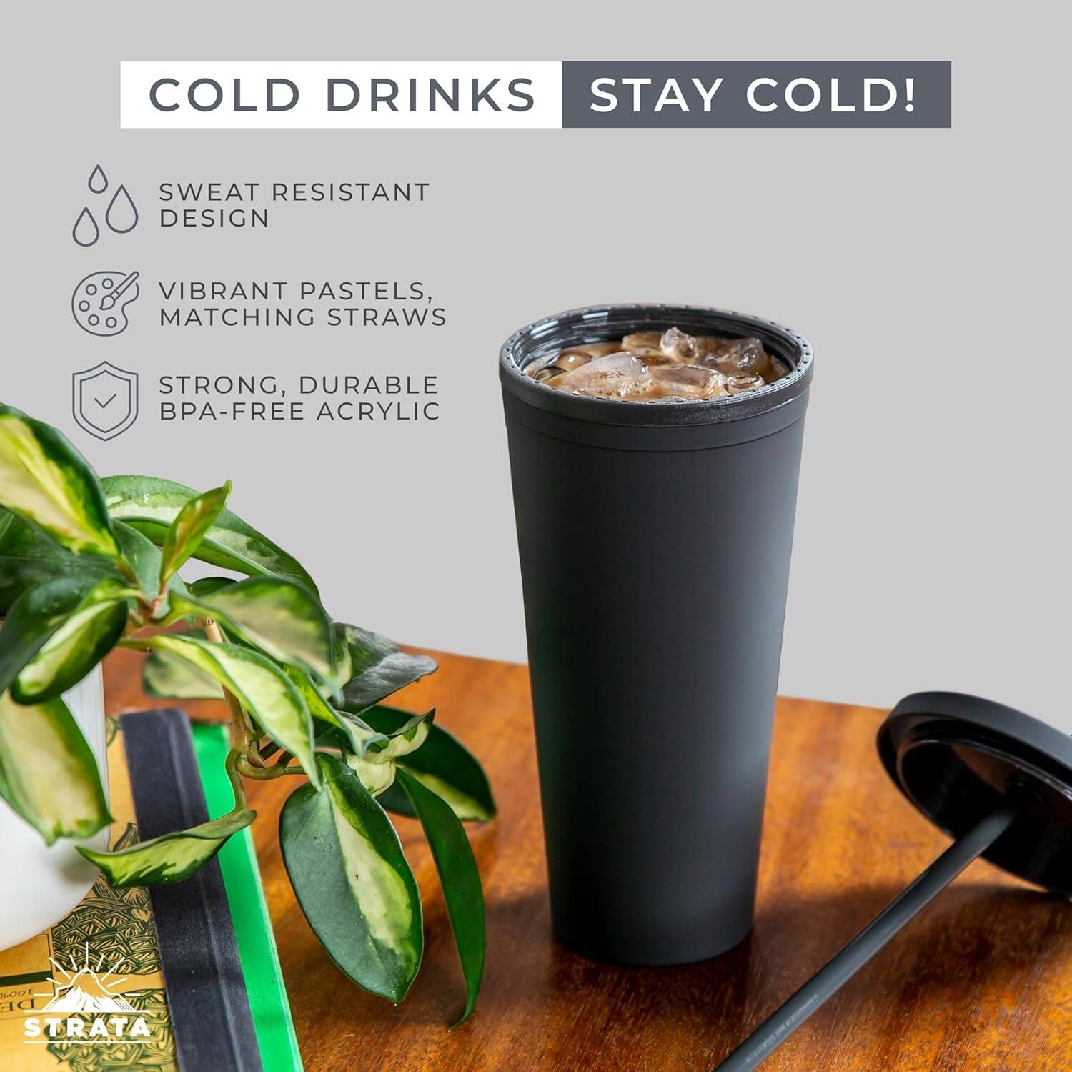 COLD DRINKS STAY COLD!  
SWEAT RESISTANT DESIGN  
VIBRANT PASTELS, MATCHING STRAWS  
STRONG, DURABLE BPA-FREE ACRYLIC  
MOO DE STRATA