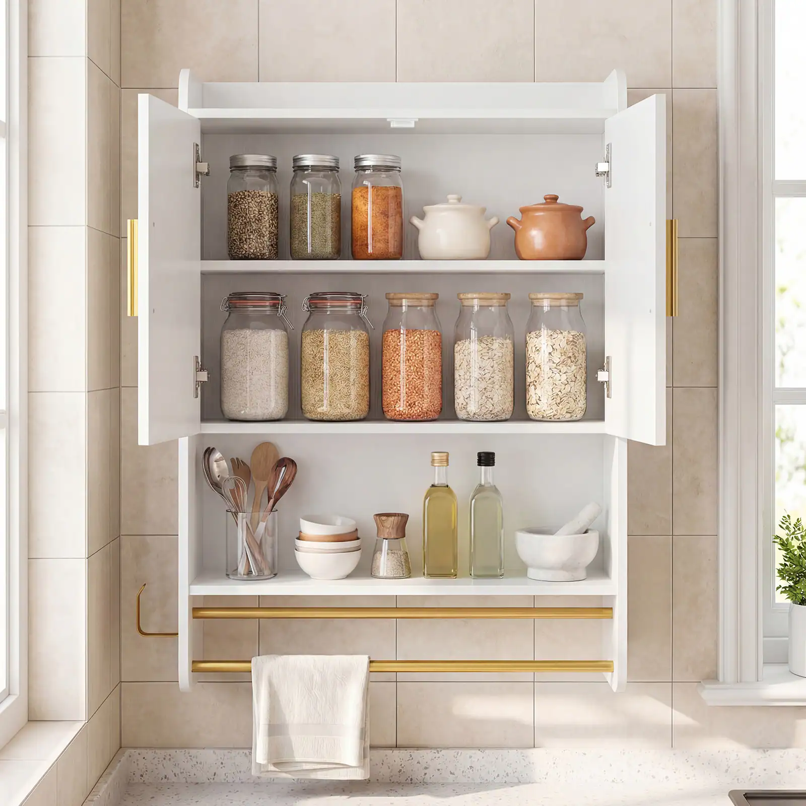 Alt View 4. Costway - Costway Bathroom Wall Cabinet with Towel Bars & Toilet Paper Holder for Laundry Room - White.