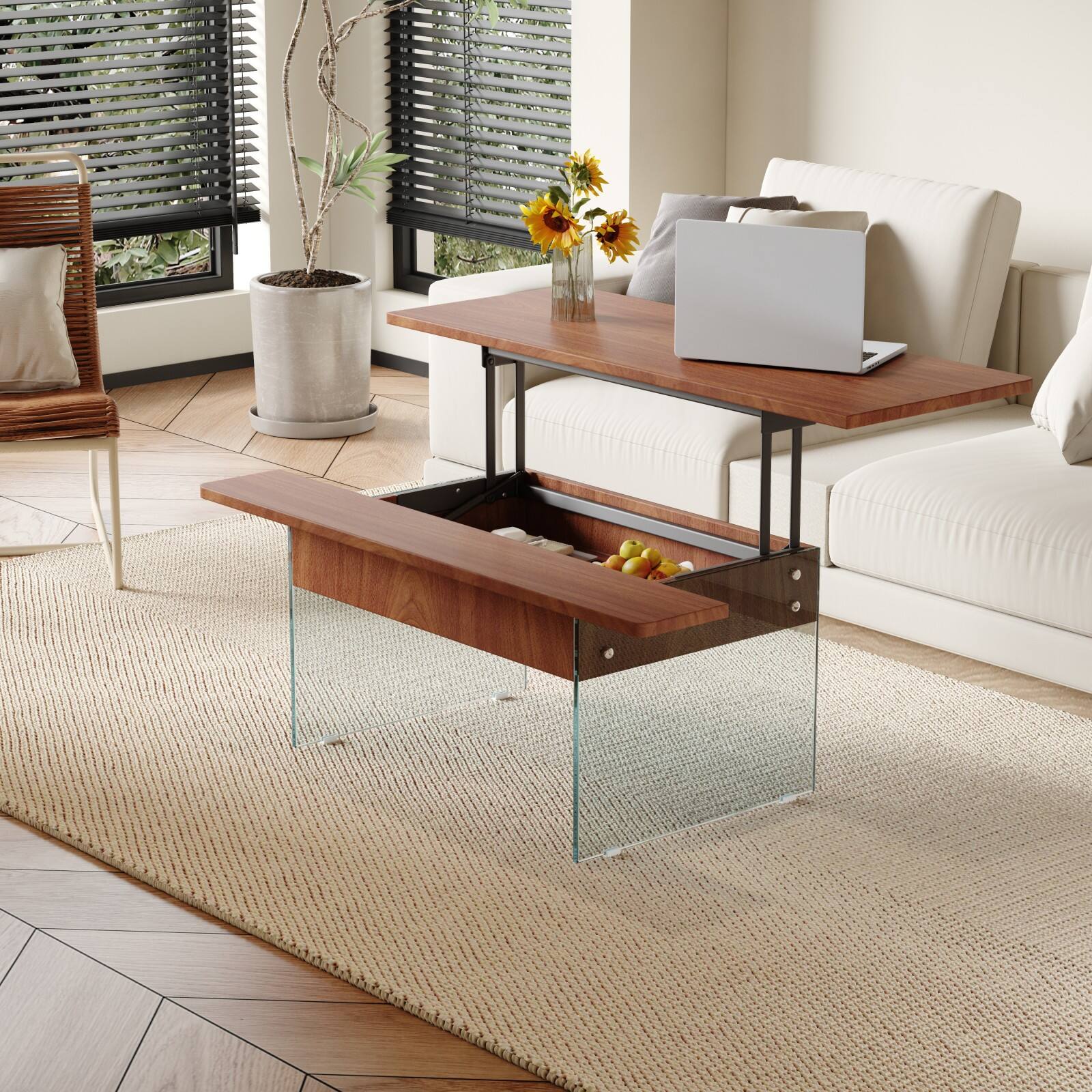 Alt View 1. Ecooso - Multifunctional Lift Top Coffee Table -Light Wood Color Grain Sticker, Tempered Glass Legs,Lift Top Feature. - Wood.