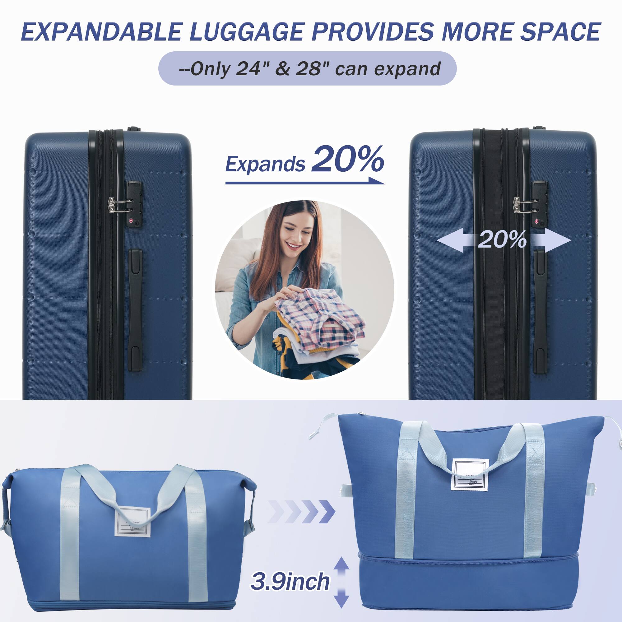 EXPANDABLE LUGGAGE PROVIDES MORE SPACE  
-Only 24" & 28" can expand  
Expands 20%  
3.9inch