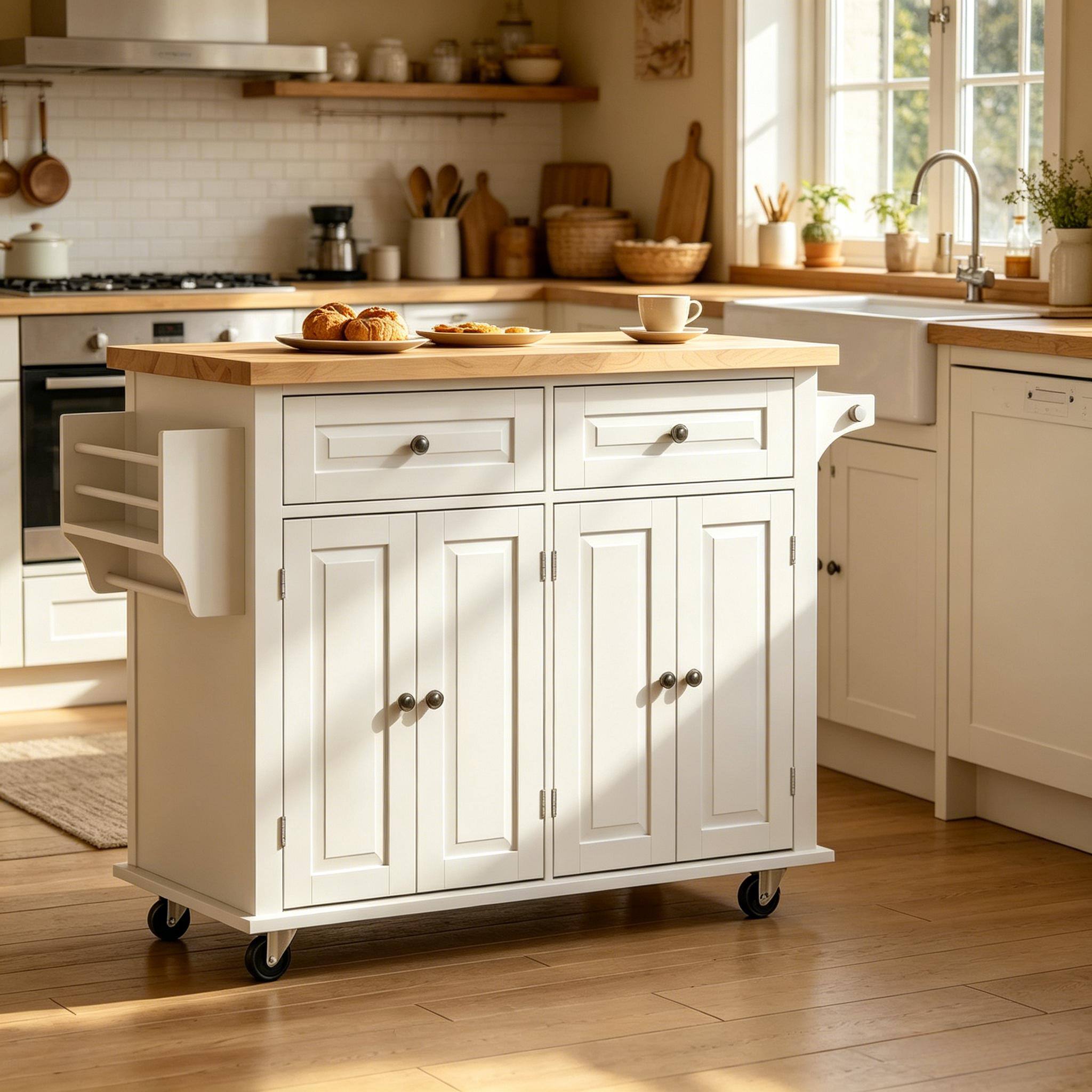 Left. Whisen - Rolling Kitchen Island Cart with Rubberwood Countertop and Ample Storage Shelves-White - White.