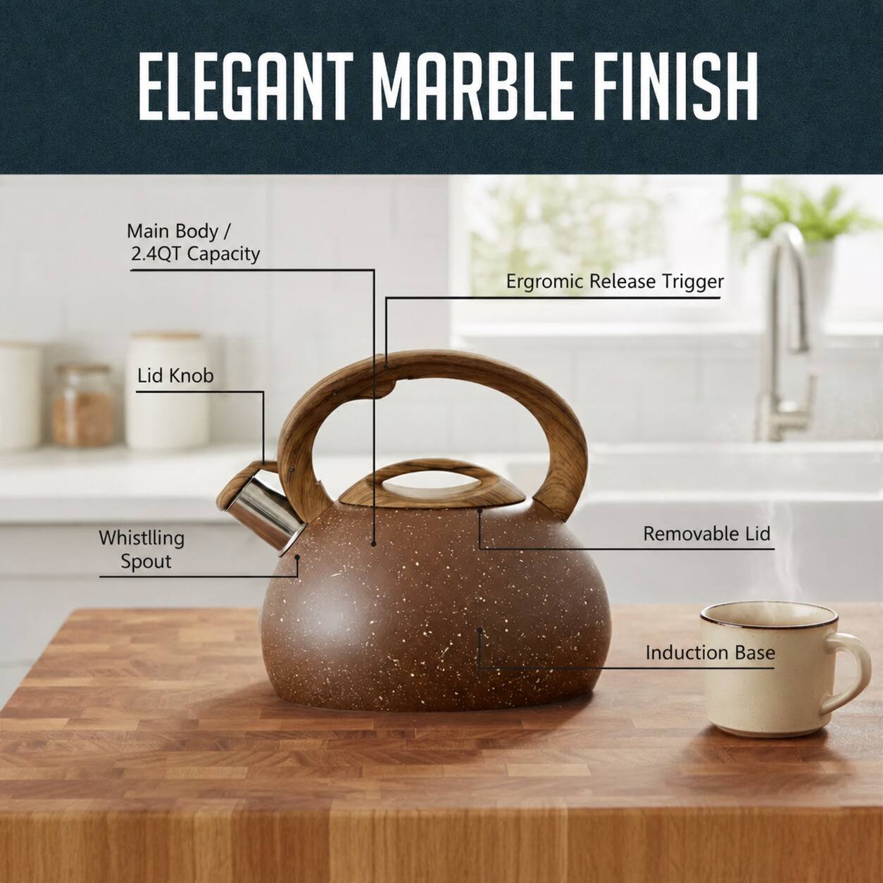 ELEGANT MARBLE FINISH

- Main Body / 2.4QT Capacity
- Ergonomic Release Trigger
- Lid Knob
- Whistling Spout
- Removable Lid
- Induction Base
