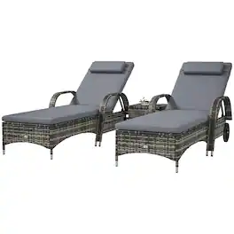 Outsunny - Wicker Chaise Lounge Chair Set of 2 with Table, Adjustable Backrest, Wheels - Gray