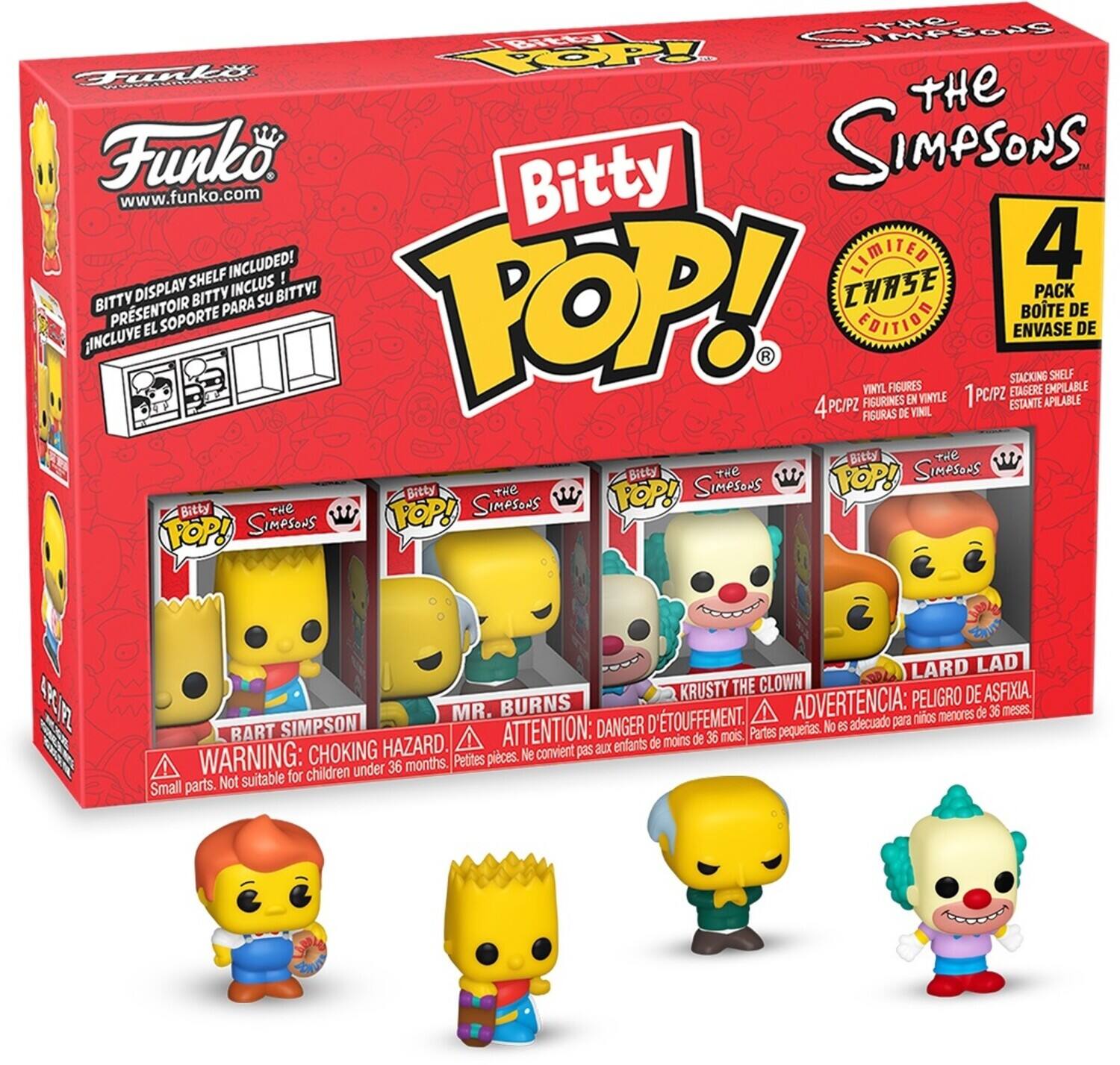 The text can be grouped as follows:

1. **Funko Pop!**
   - www.funko.com
   - SHELF INCLUDED!
   - LIMITED EDITION
   - 4 PACK
   - BITTY DISPLAY BITTY INCLUS
   - BITTY! CHASE PACK
   - BITTY PARA SU POP!
   - PRSENTOIR FDITION
   - BOTE DE EL SOPORTE ENVASE DE INCLUVE
   - STACKING SHELF
   - VINYL FIGURES
   - PC/PZ ETAGERE EMPILABLE
   - 4PC/PZ FIGURINES EN VINYLE
   - 1 ESTANTE APILABLE
   - FIGURAS DE VINIL
   - THE SIMPSONS
   - BART
   - MR. BURNS
   - KRUSTY THE CLOWN
   - LARD LAD
   - ADVERTENCIA: PELIGRO DE ASFIXIA
   - WARNING: CHOKING HAZARD
   - ATTENTION: DANGER D'ETOUFFEMENT
   - nios menores de 36 meses.
   - No eS adecuado para BART
   - Partes pequeias.
   - enfants de moins de 36 mois.
   - Petites plices.
   - Not suitable for children under 36 months.
   - Small parts.