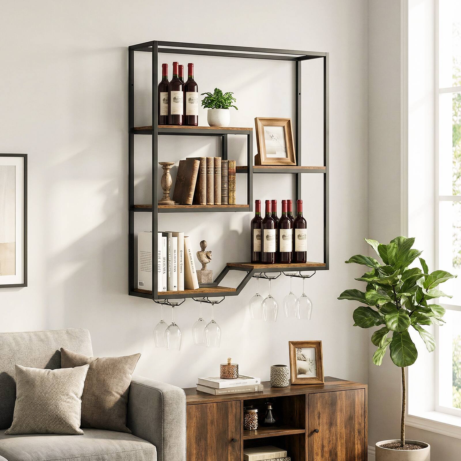 Alt View 4. Gymax - Gymax Wall Mounted Wine Rack 6-Tier Hanging Bar Shelf w/ Bottle Display Shelf - Brown.