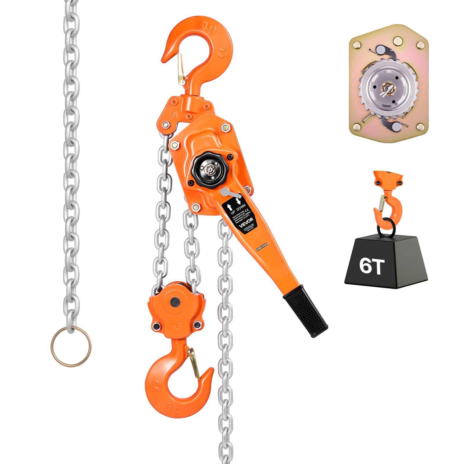 VEVOR - Manual Lever Chain Hoist,6T 13200LBS Capacity Come Along,10FT Lift G80 Alloy Steel Chain With Dual Pawl Mechanical Brake - Orange