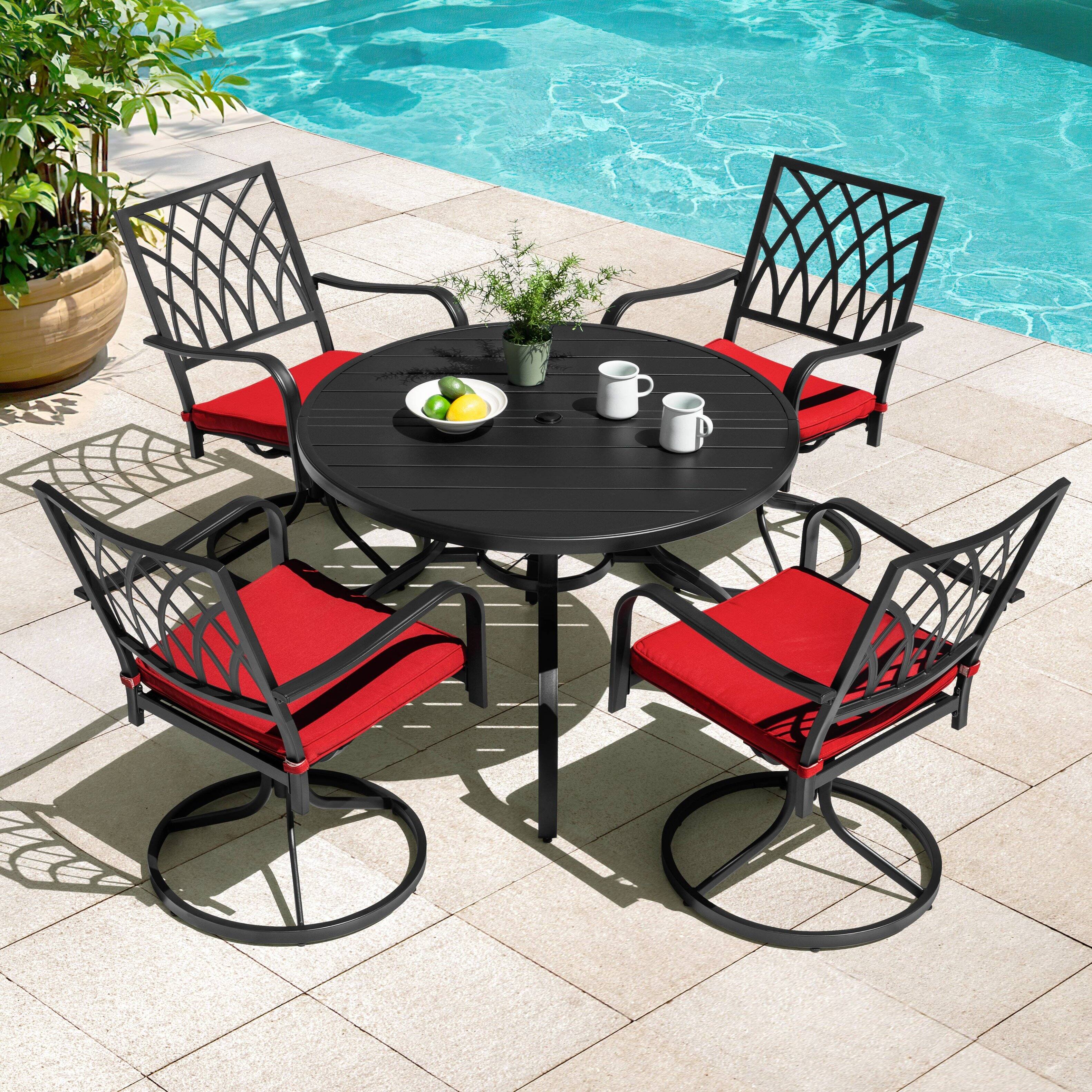 Left. Nuu Garden - 5-Piece Metal Round Outdoor Dining Set with Umbrella Hole and Zippered Cushions, Swivel Chairs - Black and Red.