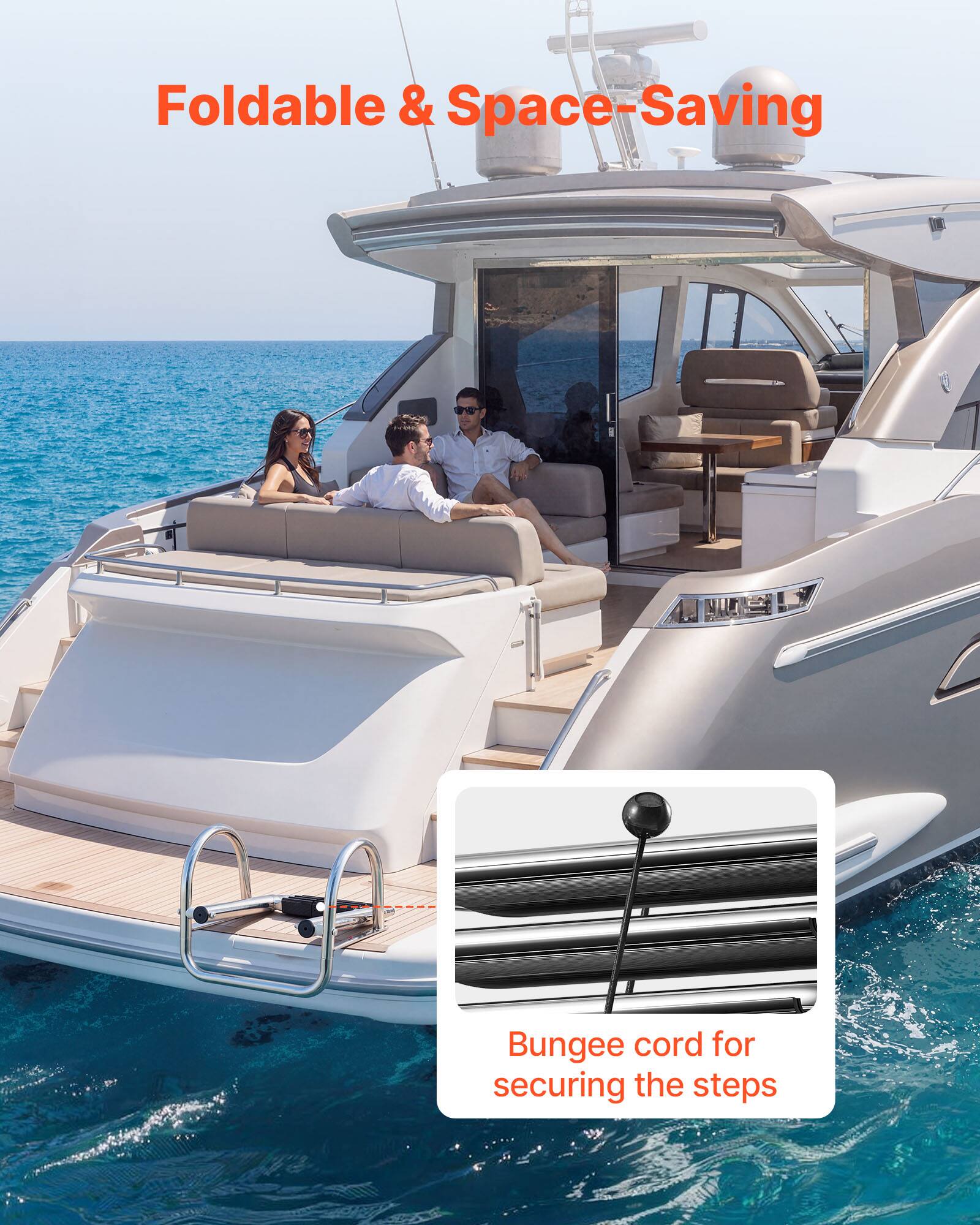 Foldable & Space-Saving

Bungee cord for securing the steps