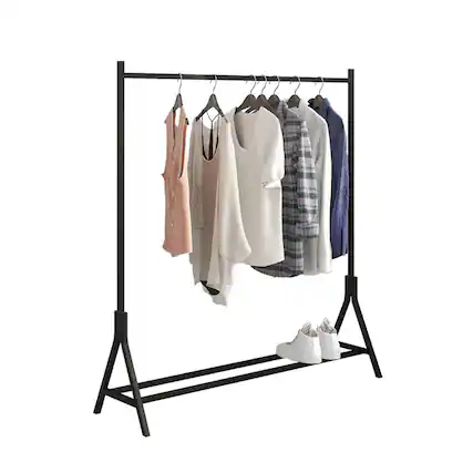 Front. ALEXOUN - Freestanding Garment Rack - Multi-functional Single Pole, Bedroom Clothing Storage, Industrial Decor, Metal Frame - Black.